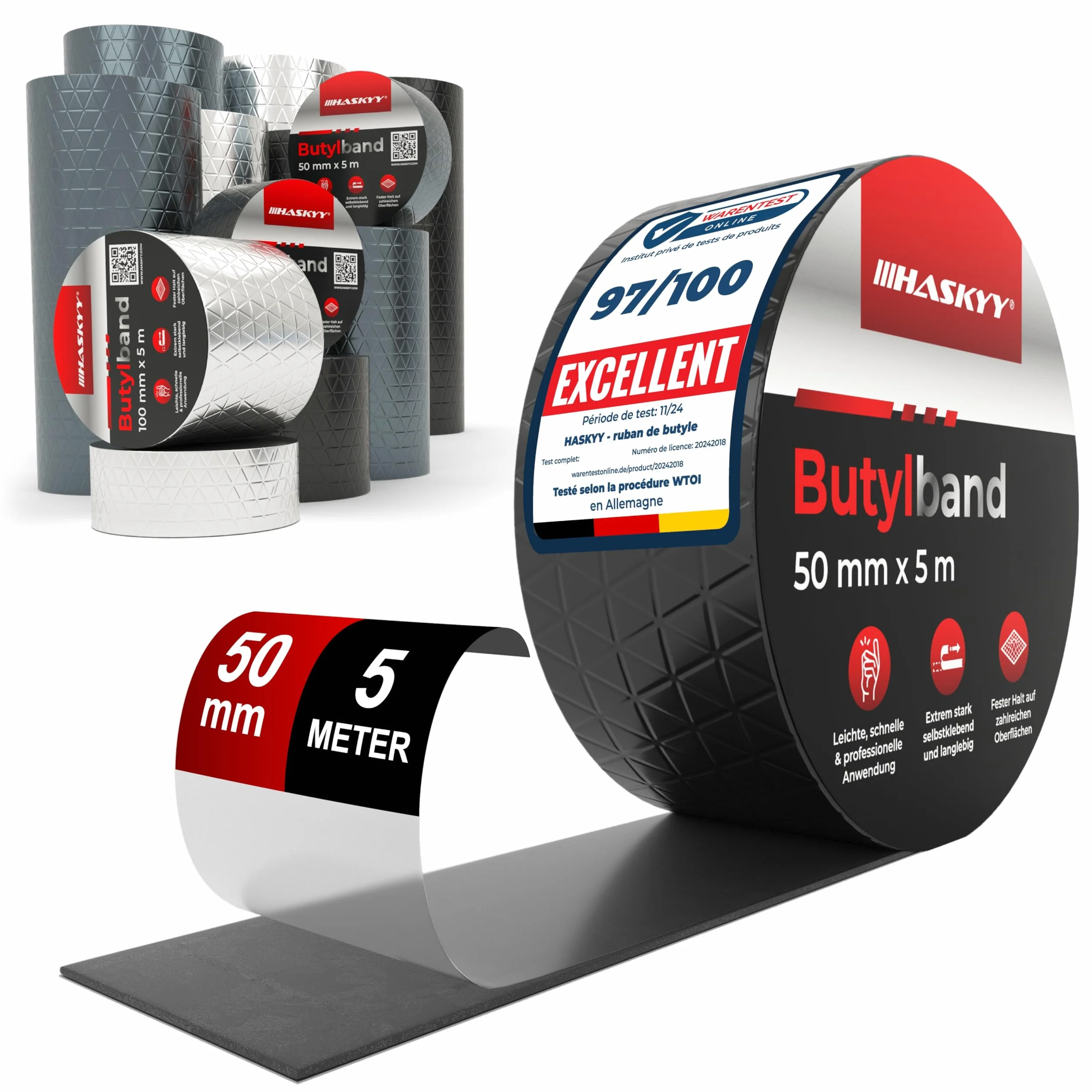 HASKYY Ruban d'étanchéité en butyle 50mm x 5m Adhésif Bande étanche aluminium Imperméable Réparation Noir