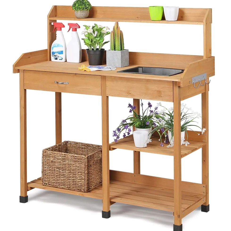 Yaheetech Table de Préparation pour Semis en Bois Plan de Travail avec Tiroirs Amovibles et Etagères de Rangement Couleur du Bois