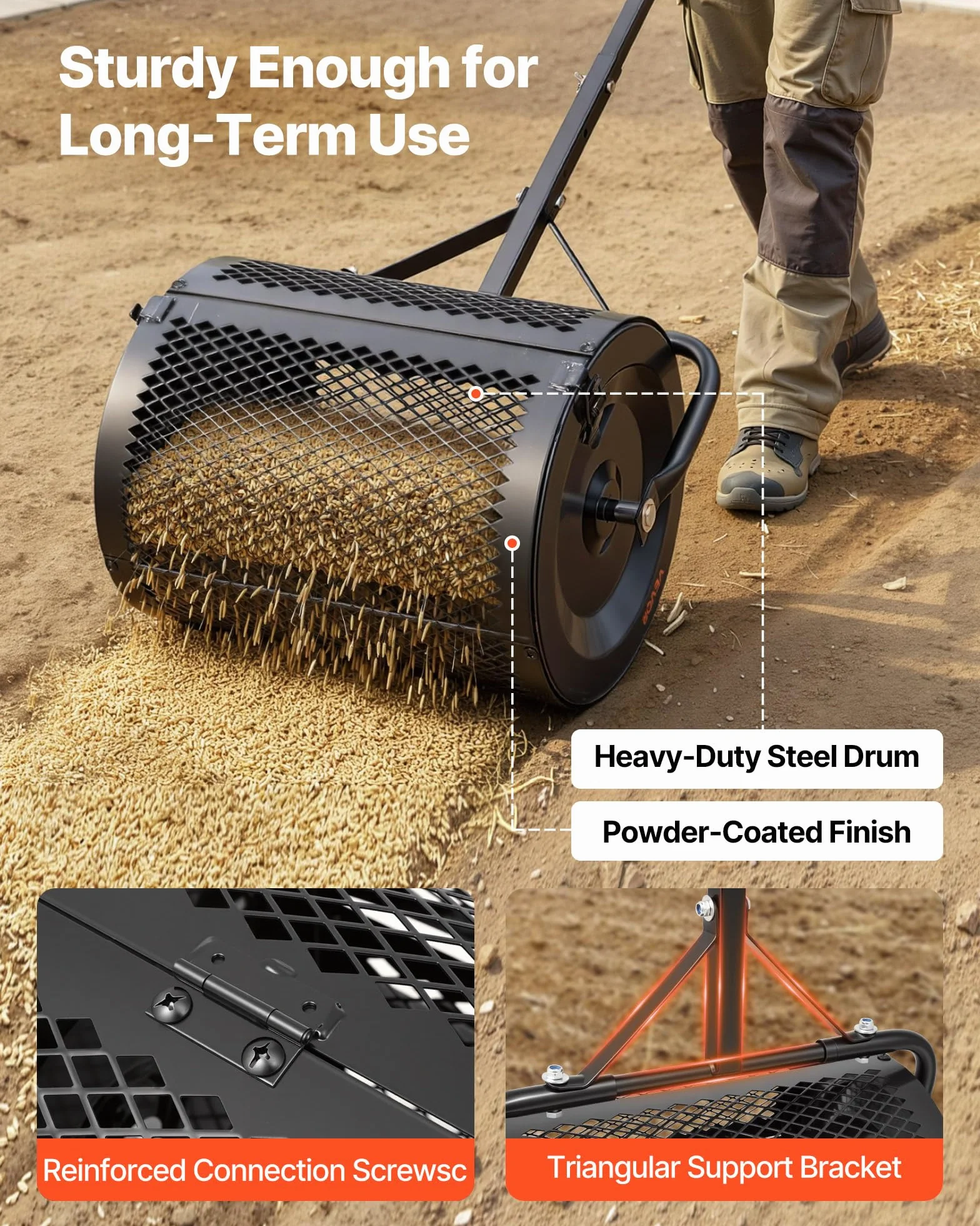 VEVOR Rouleau Épandeur à Compost 42 cm Épandeur Mousse de Tourbe à Rouleau Treillis pour Épandage Gazon Fumier Sel de Déneigement, avec Poignée en T, 3 Hauteurs Réglables, en Acier Thermolaqué, Noir