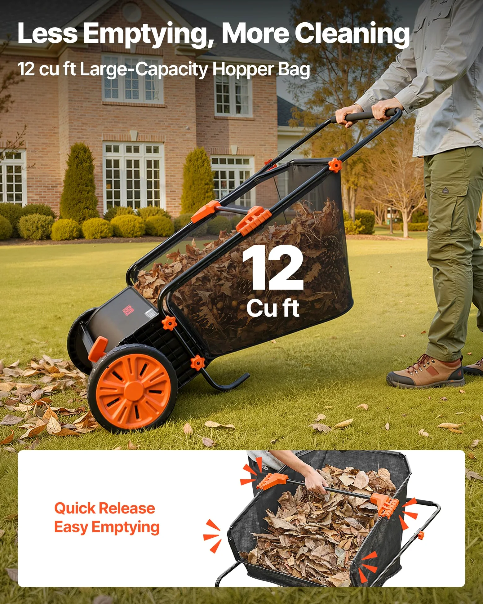 VEVOR Balayeuse à Gazon Manuelle 76,2 cm, Ramasseur de Feuilles et d'herbe avec Sac Collecteur de 340 L pour Pelouse et Jardin, Hauteur des Brosses Réglable, Brosses Rotatives, Roues en Caoutchouc