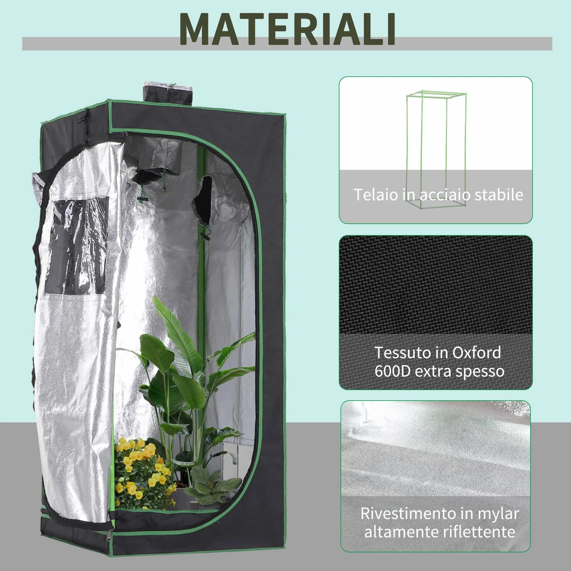 Outsunny Serre Hydroponique Oxford 600D 60x60x140 cm Noir avec 3 Prises d'Air Réglables
