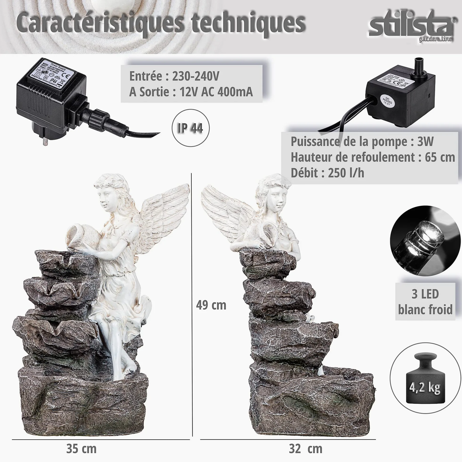 STILISTA Fontaine de Jardin Ange 49 x 35 x 32 cm, avec éclairage LED, Pompe Incluse