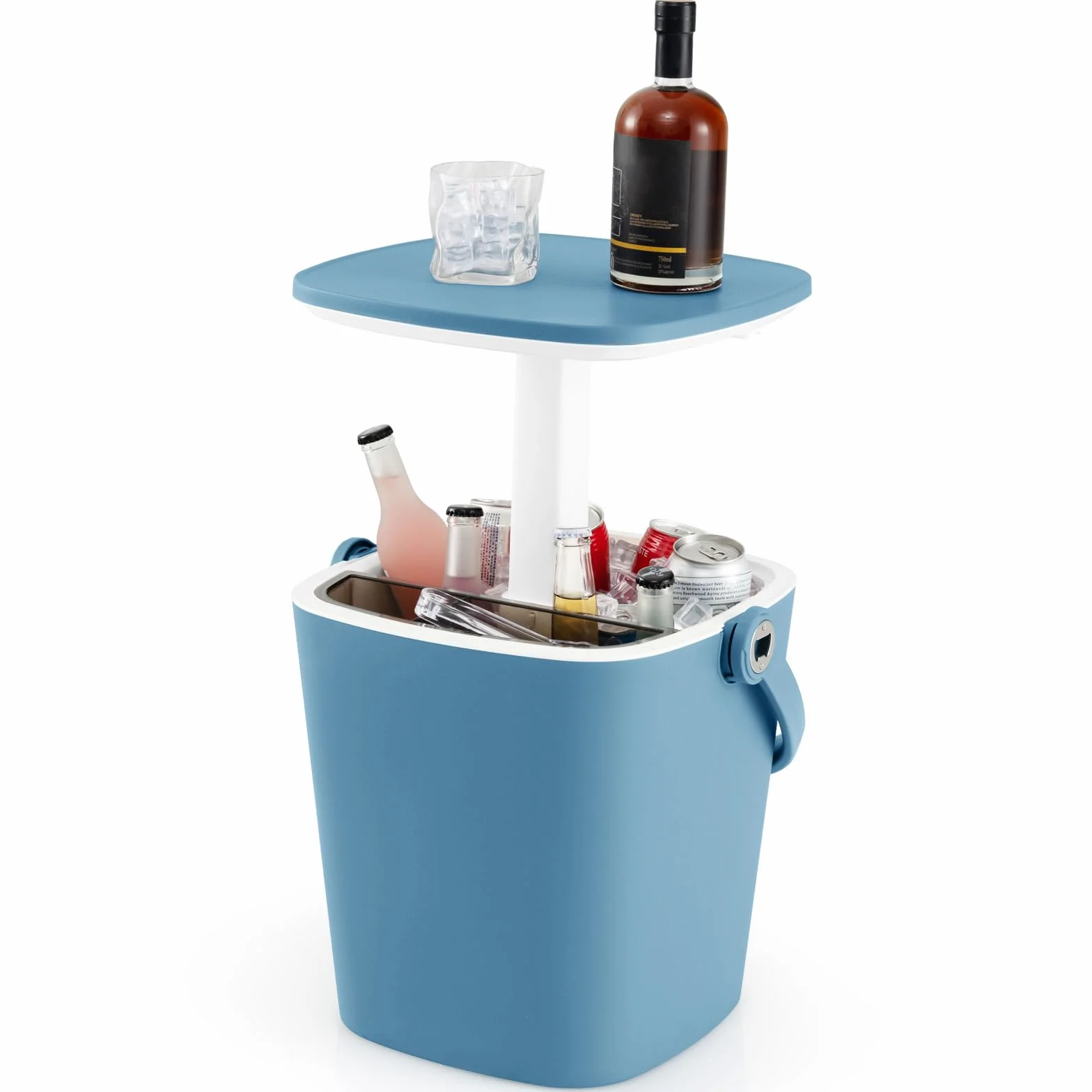 GOPLUS 3 en 1 Table Glacière Extérieur 15 L, Table d'Appoint Patio avec Couvercle Rétractable, Ouvre-Bouteille et Pince Glace, Bac Rangment 6H Froid pour Jardin,Charge 75KG,35 x 34 x 37/58 cm(Bleu)