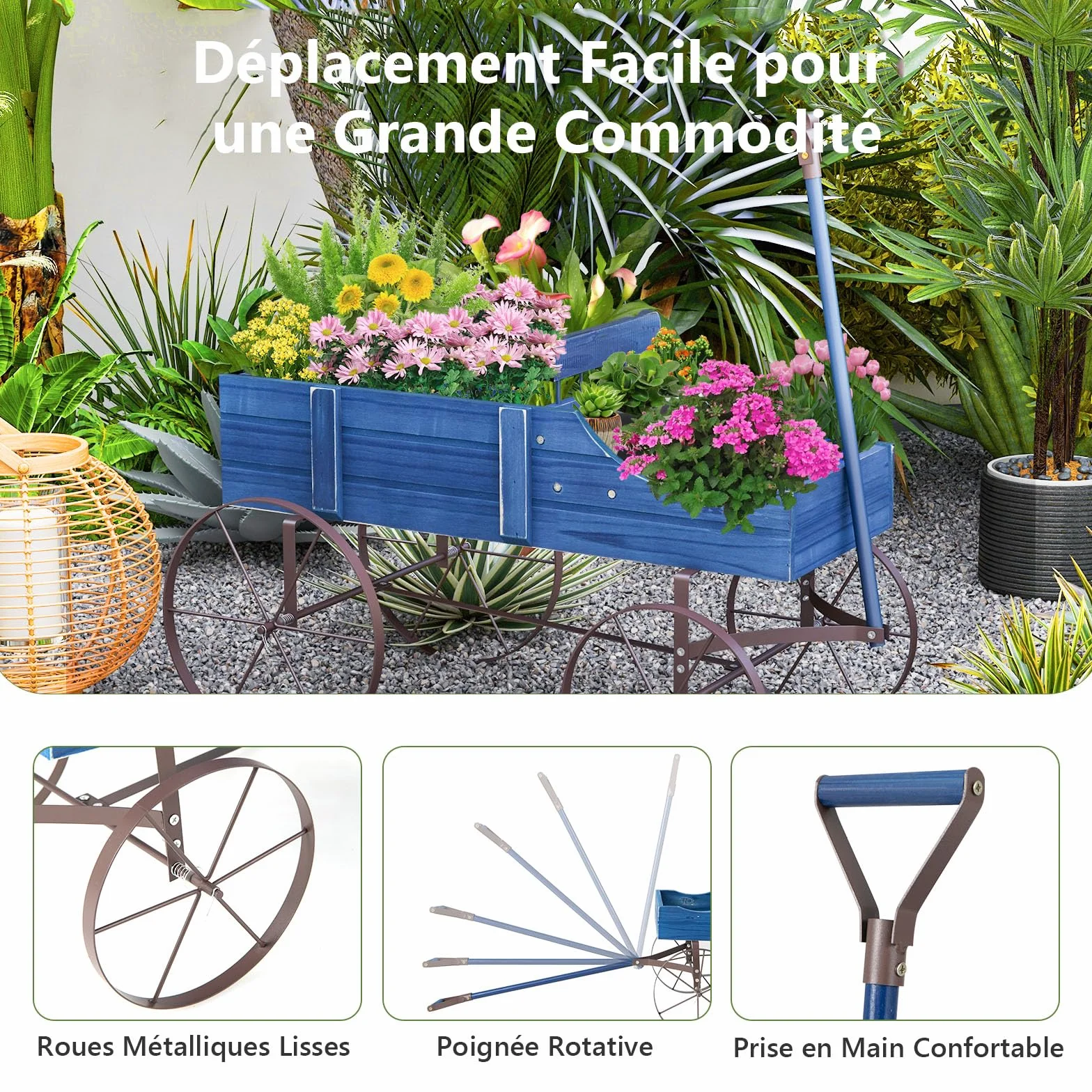Jardinière Forme Brouette GOPLUS en Bois avec Roues Métal 4 Roues 2 Bacs Plantation 15kg 35x62,5x60cm Bleu