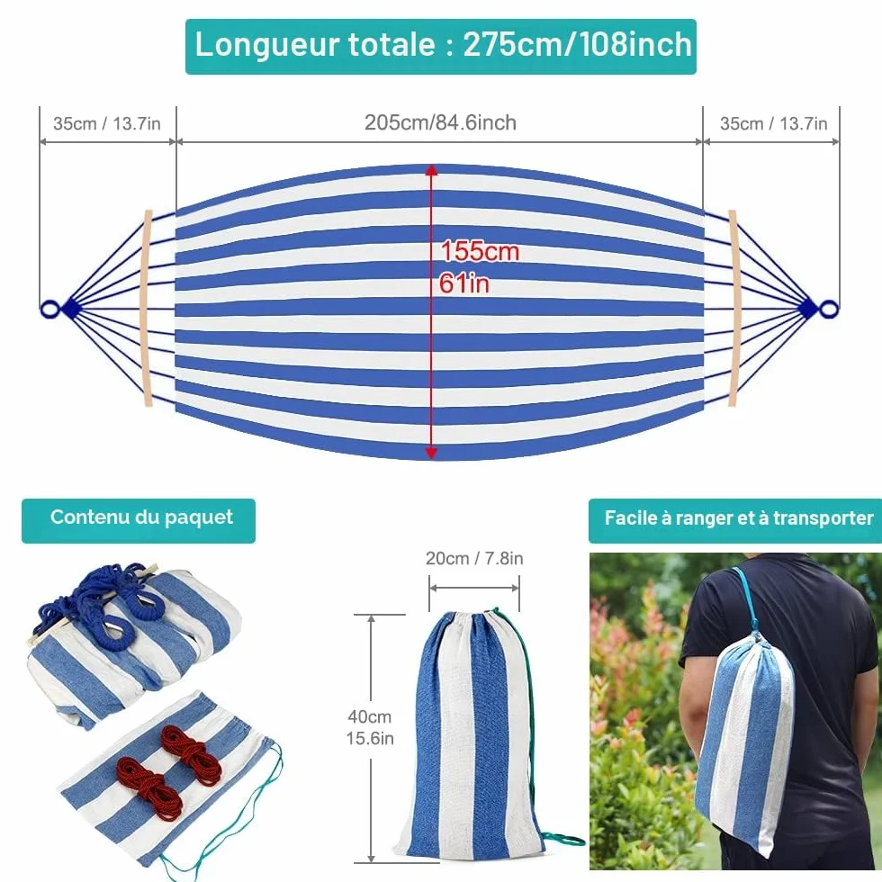 Hamac Suspendu avec Barre en Bois Anti-basculement 275 x 155 cm 250kg Capacité de Charge Camping Jardin