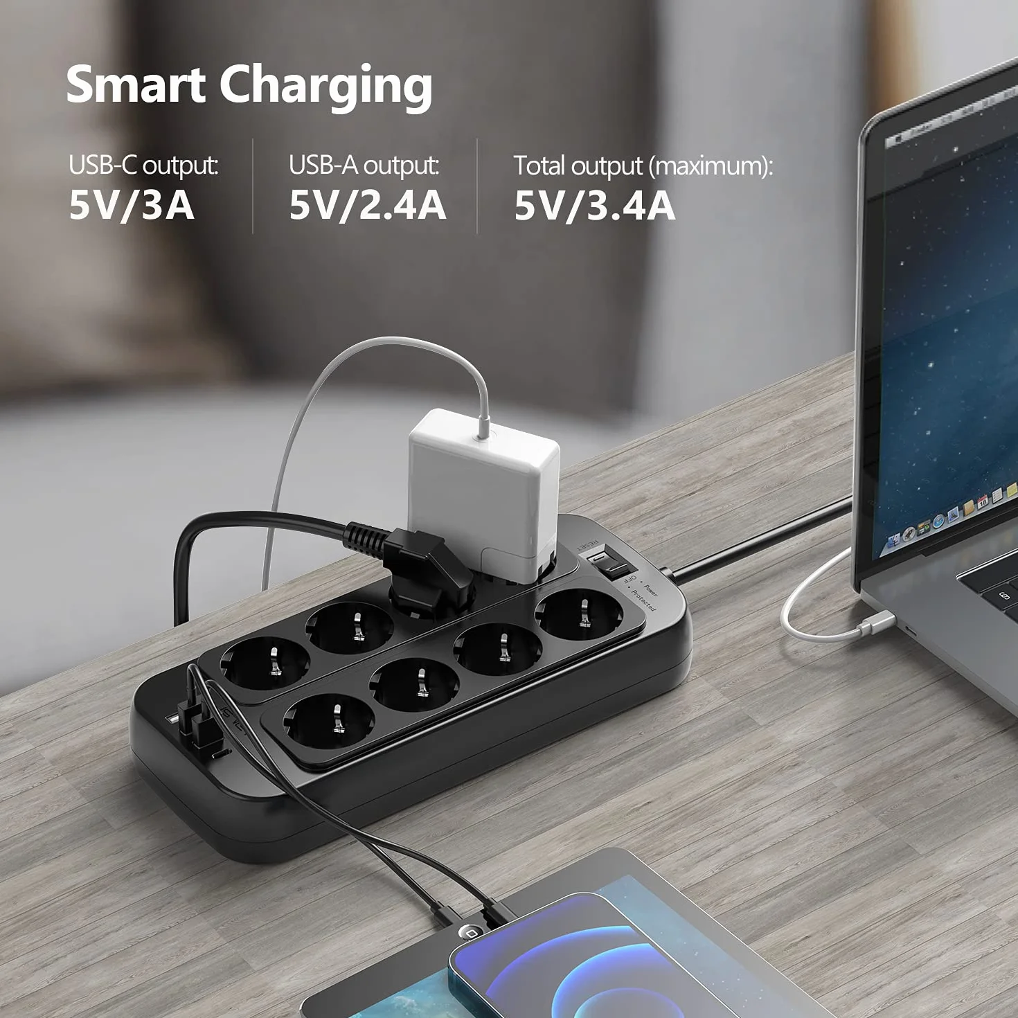 JSVER Multiprise 8 Prises USB C USB A Parasurtenseur Cordon 2m Noir