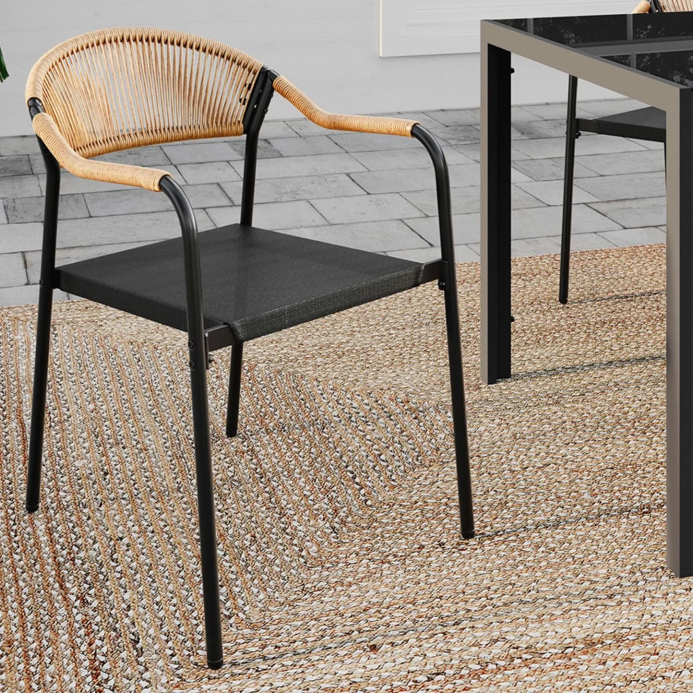 IDMarket - Lot de 6 chaises de Jardin Madeira métal, Cordage et textilène Noir et rotin Clair