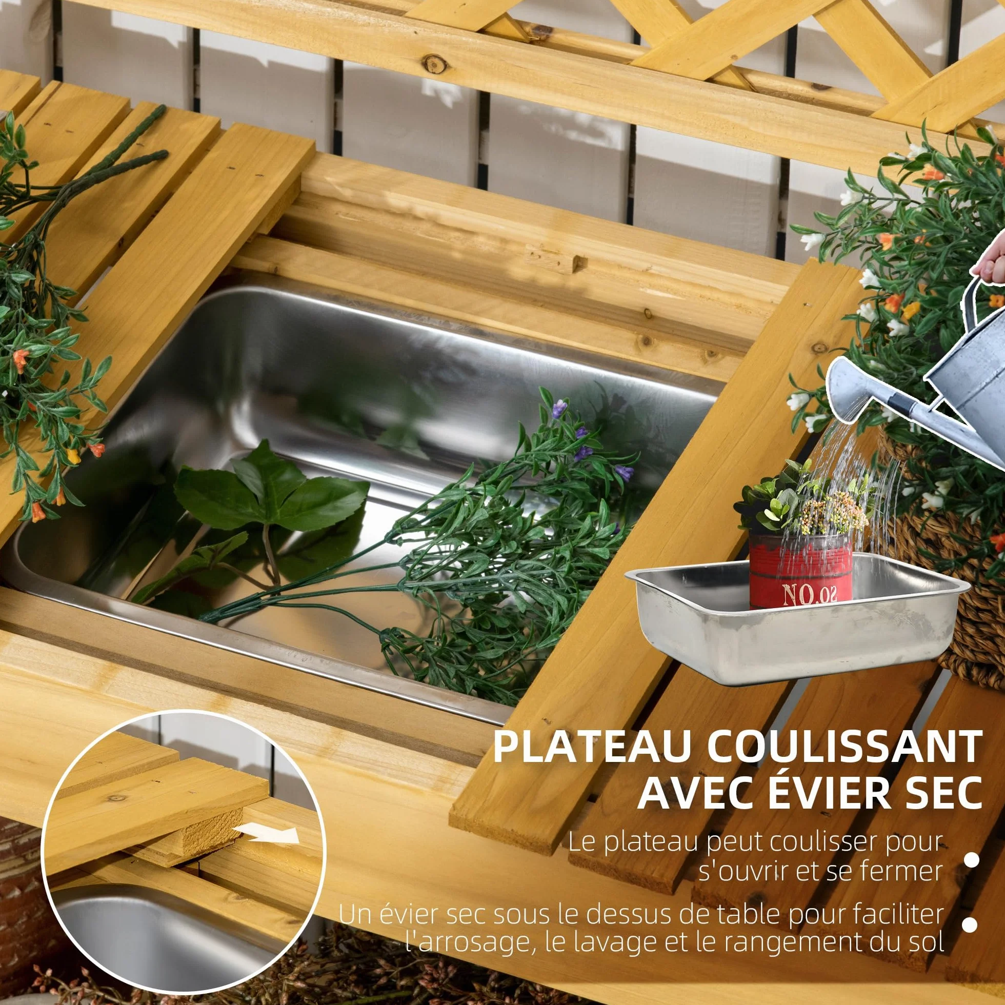 Outsunny Table de rempotage en Bois avec évier coulissant 2 étagères 92 x 45 x 120 cm