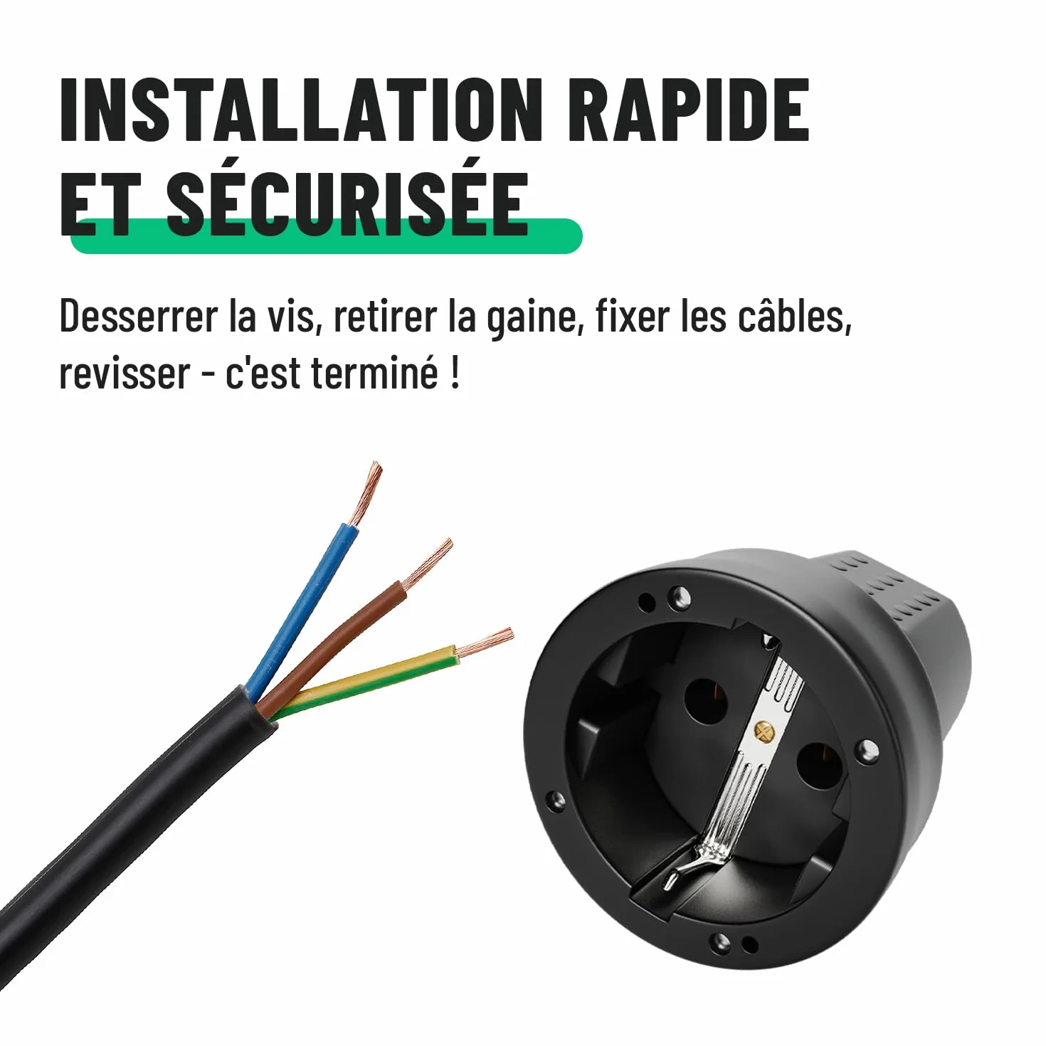 Fiche femelle en caoutchouc anti courbures 250V 16A IP20 noire