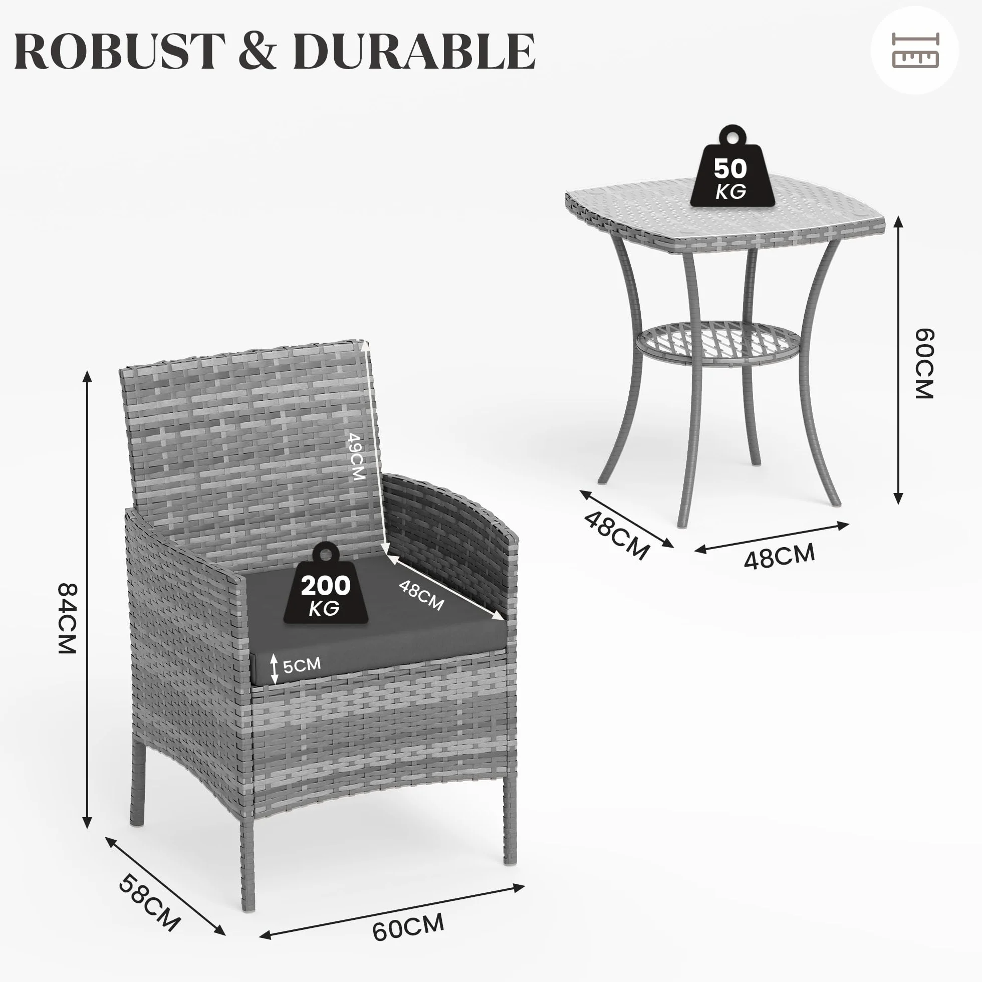 Amopatio Ensemble de meubles de jardin en rotin 3 pièces - Petit salon de jardin extérieur résistant aux intempéries - Table de bistrot avec 2 chaises - Meubles de terrasse pour terrasse, balcon, Gris
