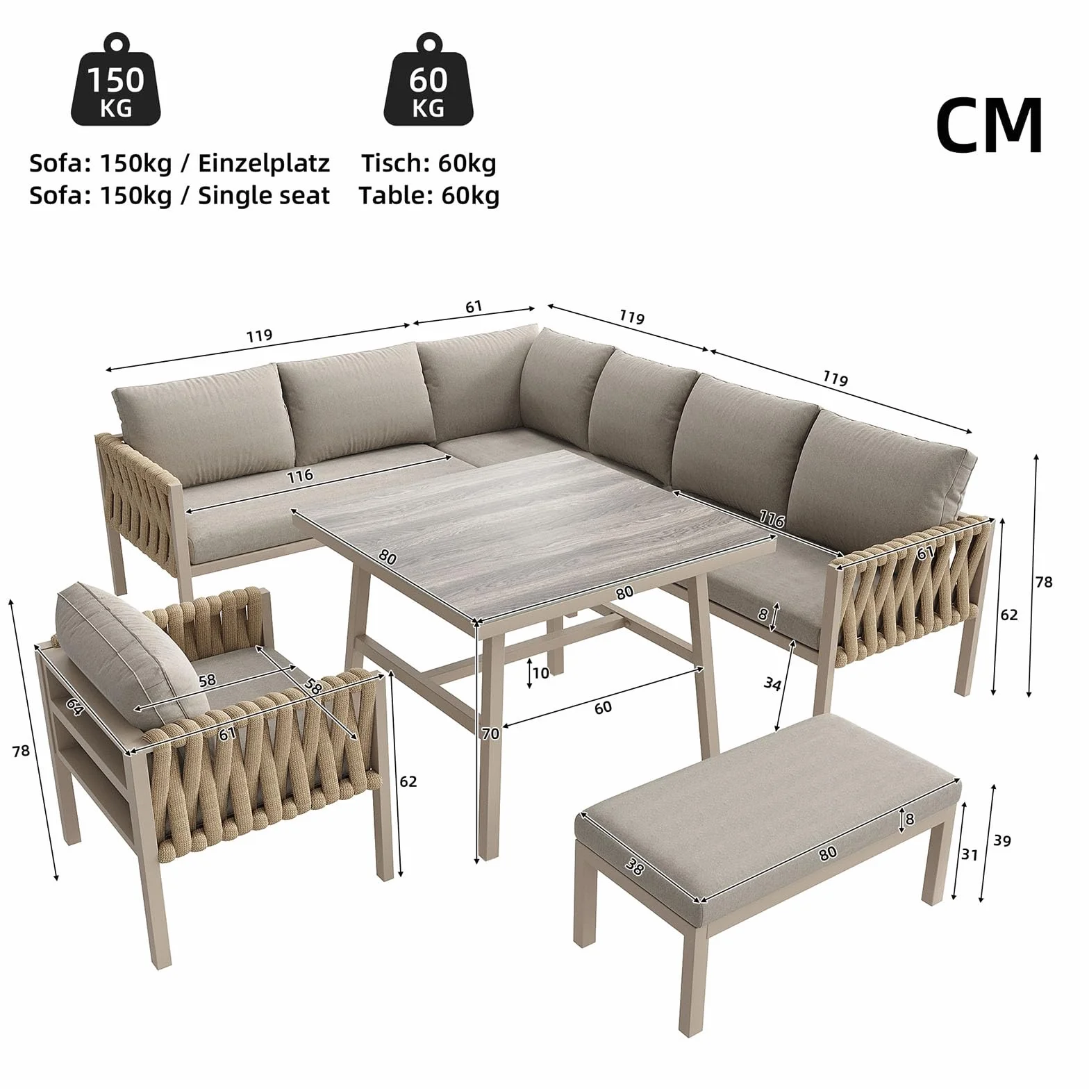 Ensemble de mobilier de Jardin 7 Places, 7 sièges, 1 Table Basse, rotin PE, Tubes en Acier galvanisé, Verre trempé, Coussins d'assise déhoussables et lavables (6-10 Seats-O)
