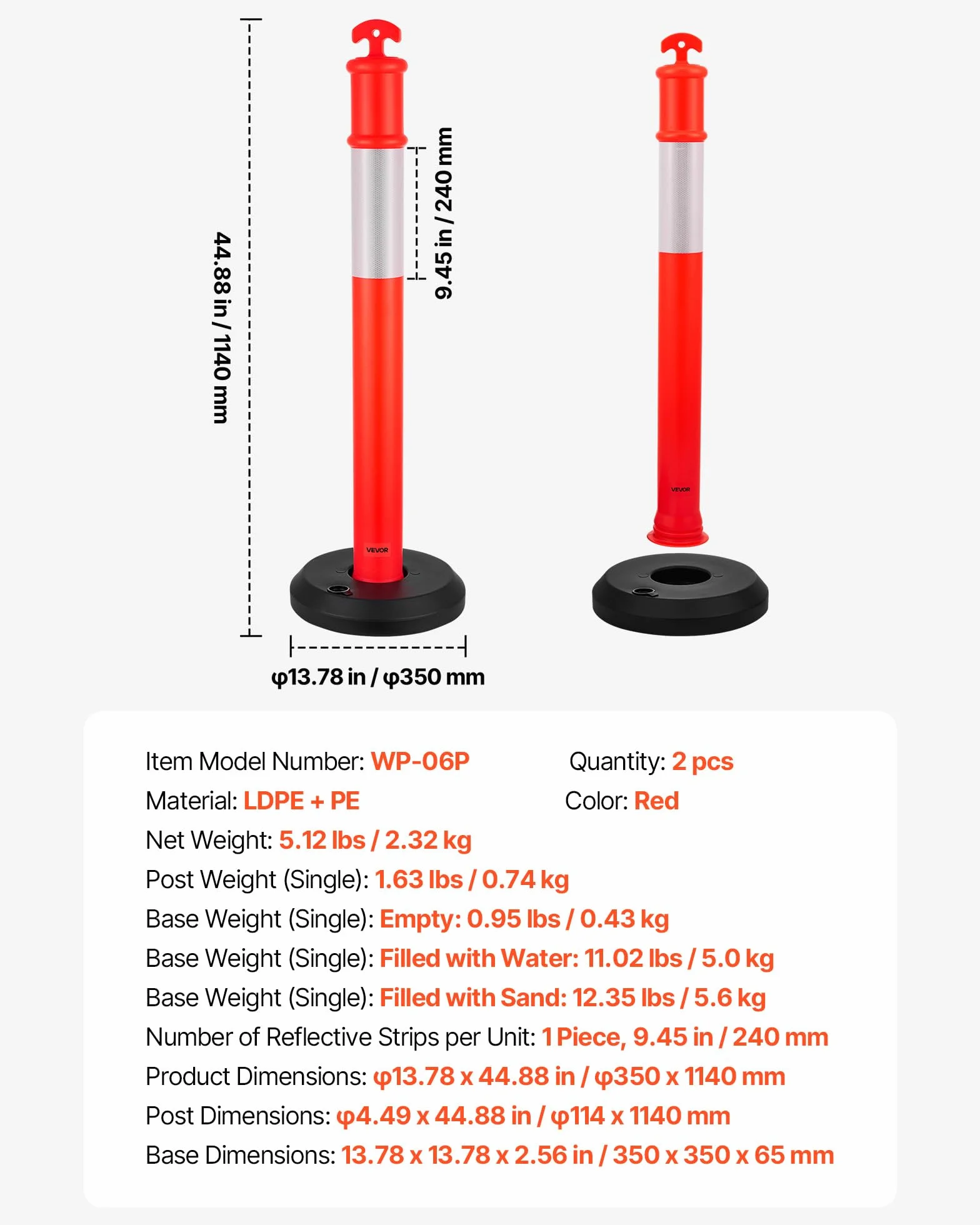 VEVOR Poteau de Signalisation 114 cm, Balise de Délimitation avec Base Remplissable, Bandes Réfléchissantes, Rouge