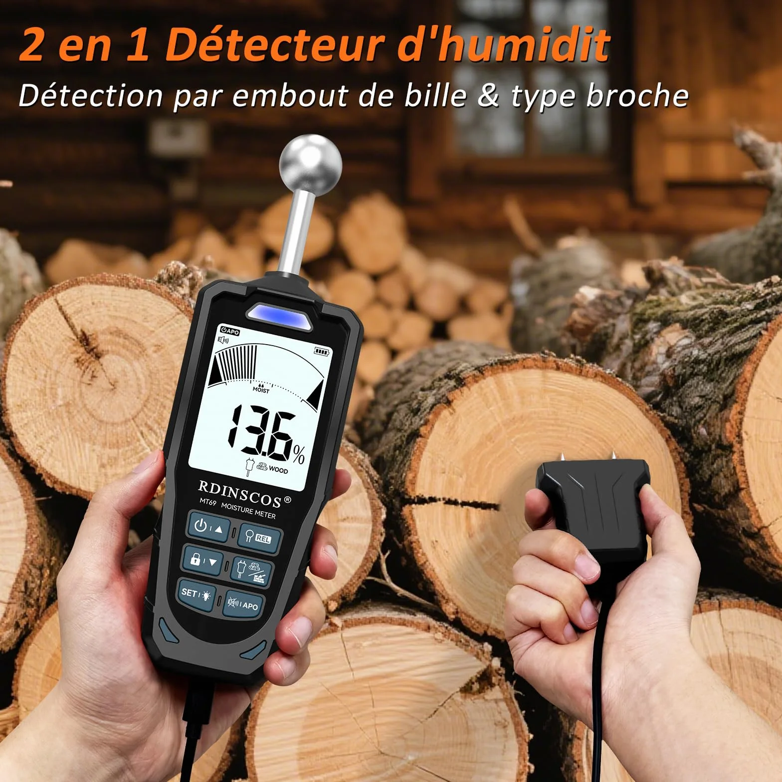 RDINSCOS Testeur Humidité 2 en 1 à Sondes Sphérique et à Aiguilles – Humidimètre pour Bois, Mur, Béton, Plâtre, Écran LCD, Détection 20-40 mm