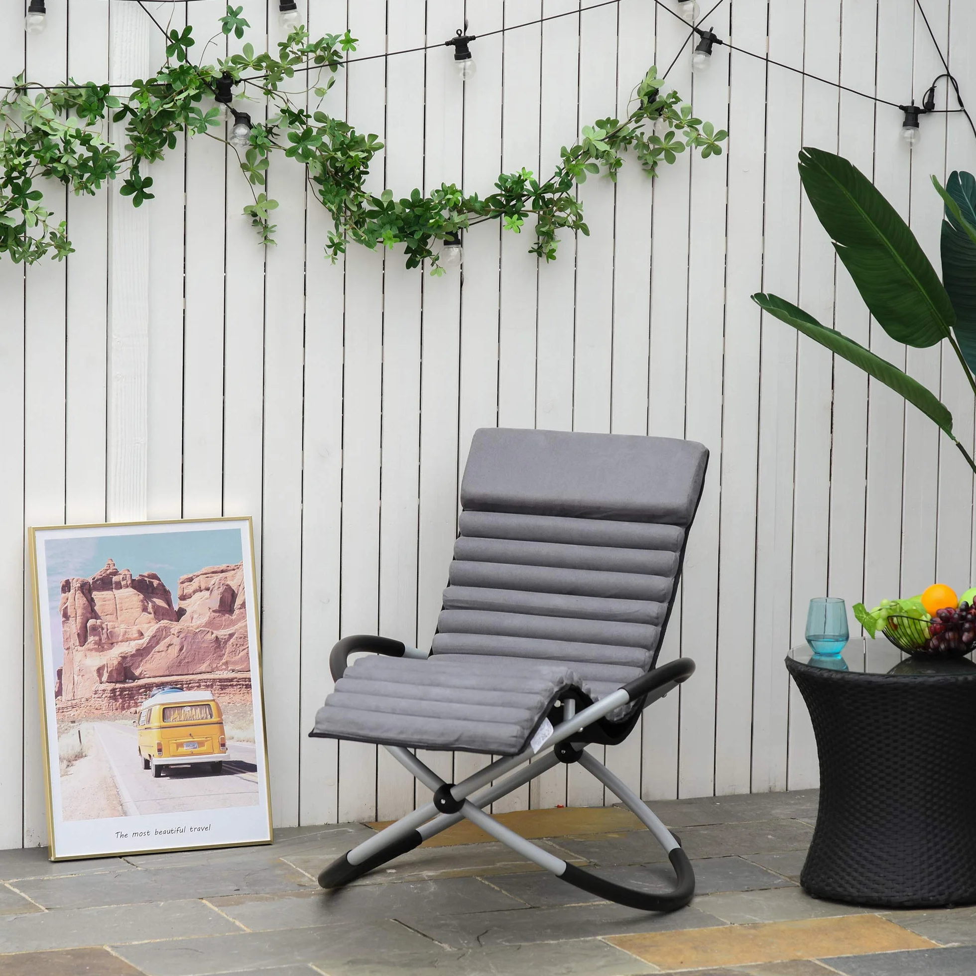 Outsunny Chaise Longue à Bascule Pliable Rocking Chair Design Contemporain avec Matelas revêtement Aspect Daim métal textilène Gris Noir