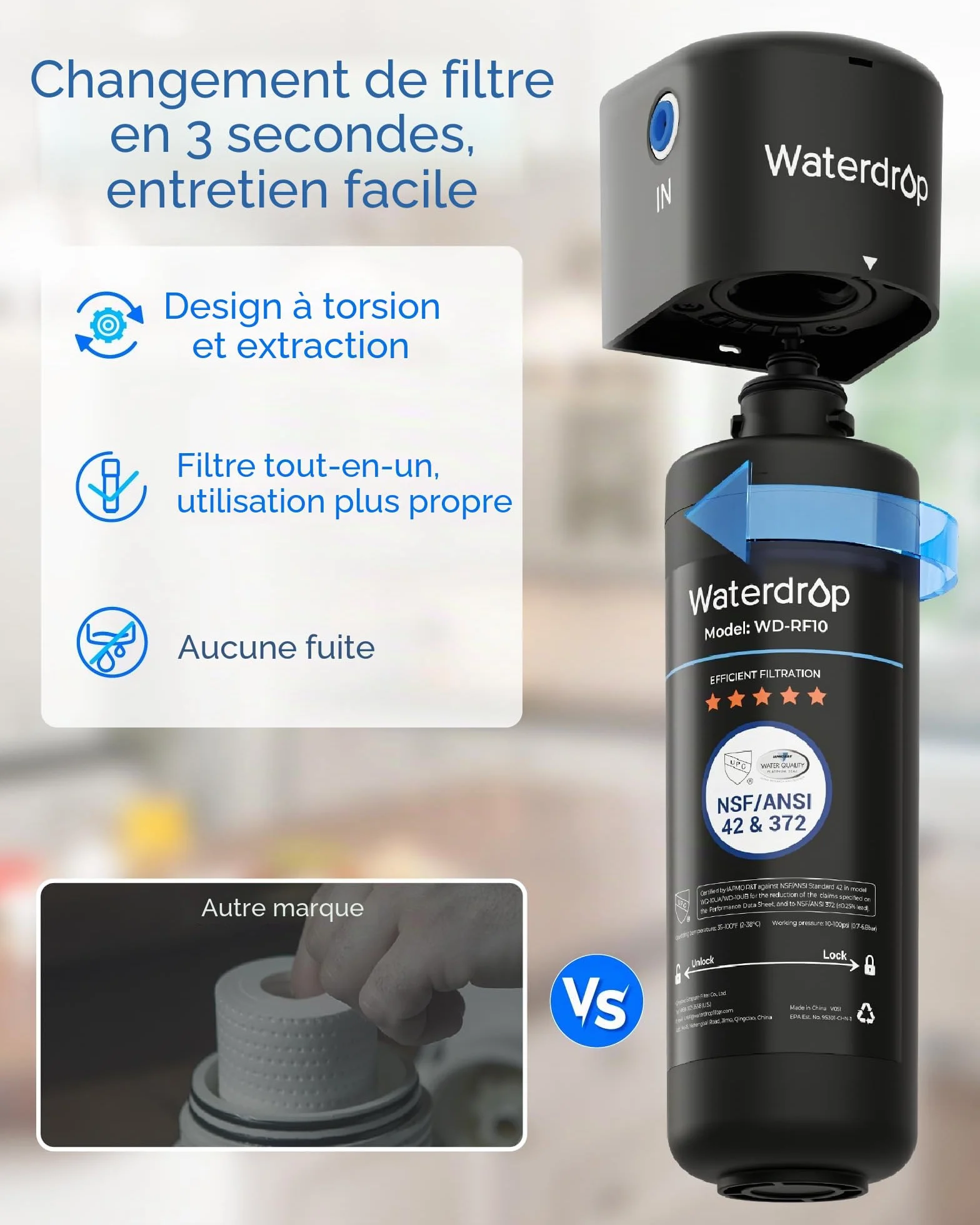 Waterdrop WD-RF10 Filtre à Eau, NSF/ANSI 42 Certifié, 30000 Litres, Remplacement pour Évier