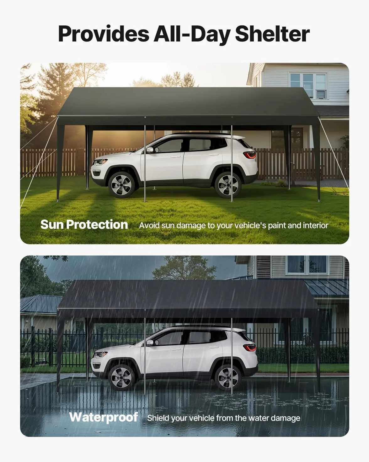 VEVOR Carport, 3,05 x 6,09 m, Abri de Voiture Robuste avec Cadre en Acier, Abri de Garage Extérieur, Résistant aux UV et à l'eau, Protection Toutes Saisons, Auvent pour Voitures, Bateaux, Moto, Gris