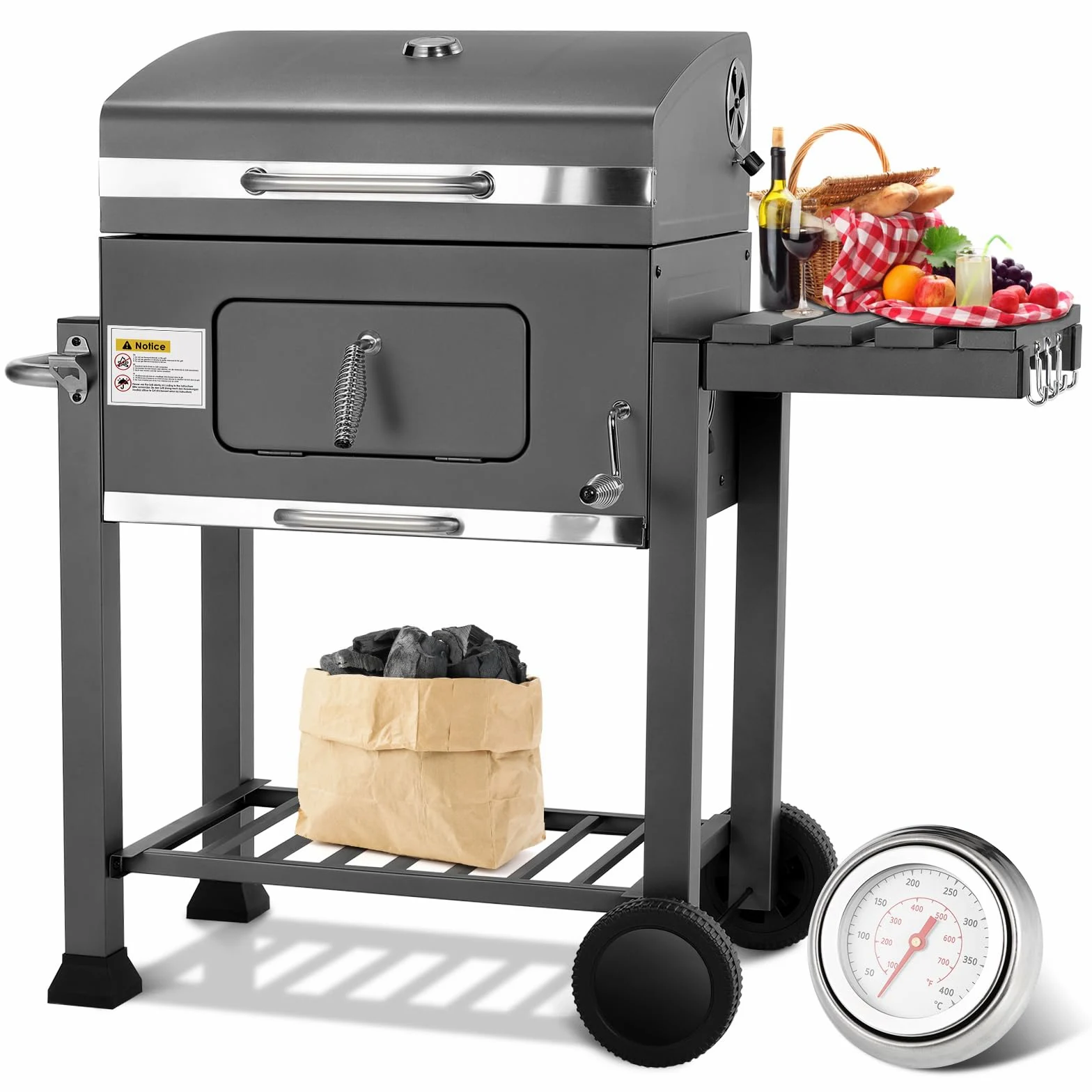 Barbecue Charbon de Bois XL, Chariot à Barbecue, Grill XL à Charbon avec Couvercle, 2PCS Roues, Thermomètre, Réglable en Hauteur, Grand Barbecue au Charbon de Bois, pour Camping et Jardin, Gris