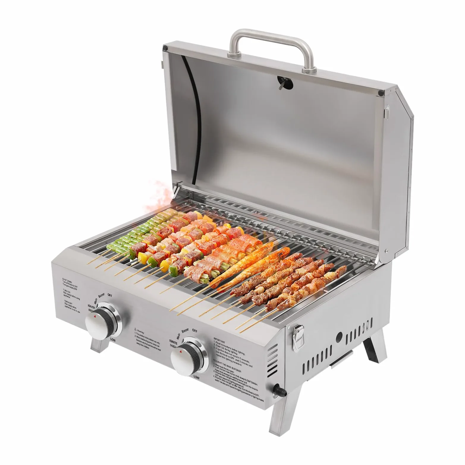 Barbecue à gaz de table en acier inoxydable - 2 brûleurs - Portable - Avec thermomètre - Pour barbecue, balcon, camping, extérieur