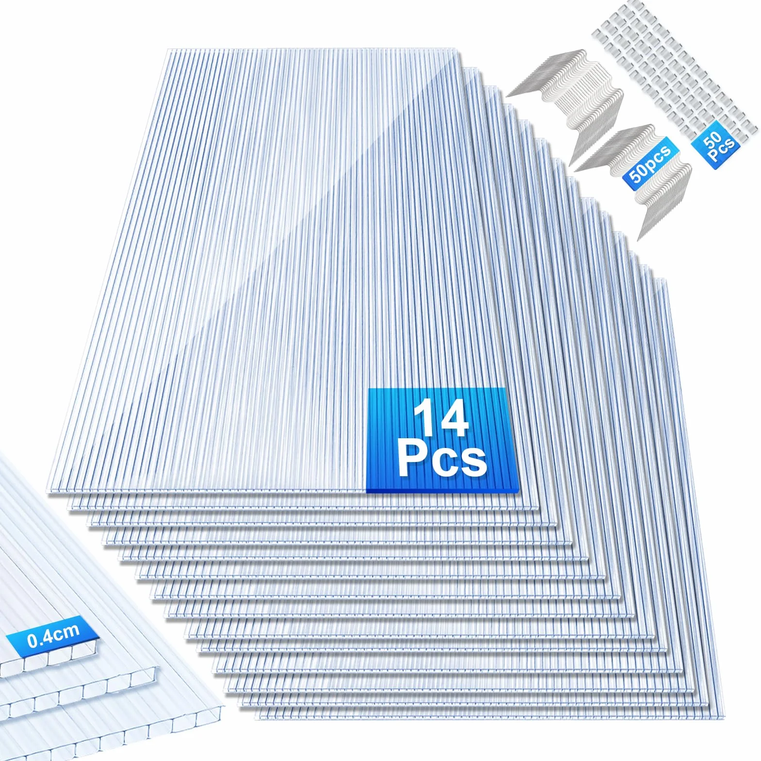 Plaques de toiture polycarbonate 4 mm Transparent Lot 14 avec clips W et Z
