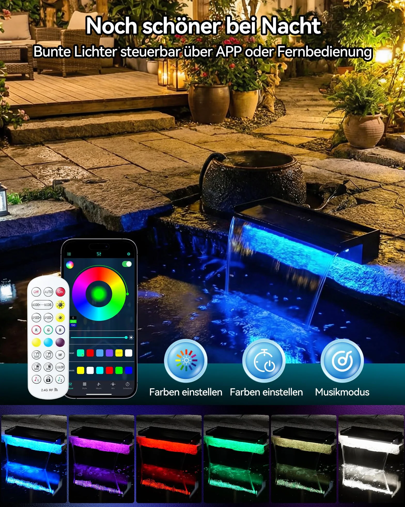 POPOSOAP Kit Cascade Bassin Acier Inoxydable 60cm Pompe Eau 4500 L/h Lumières LED Télécommandées Tuyau Ondulé 3m