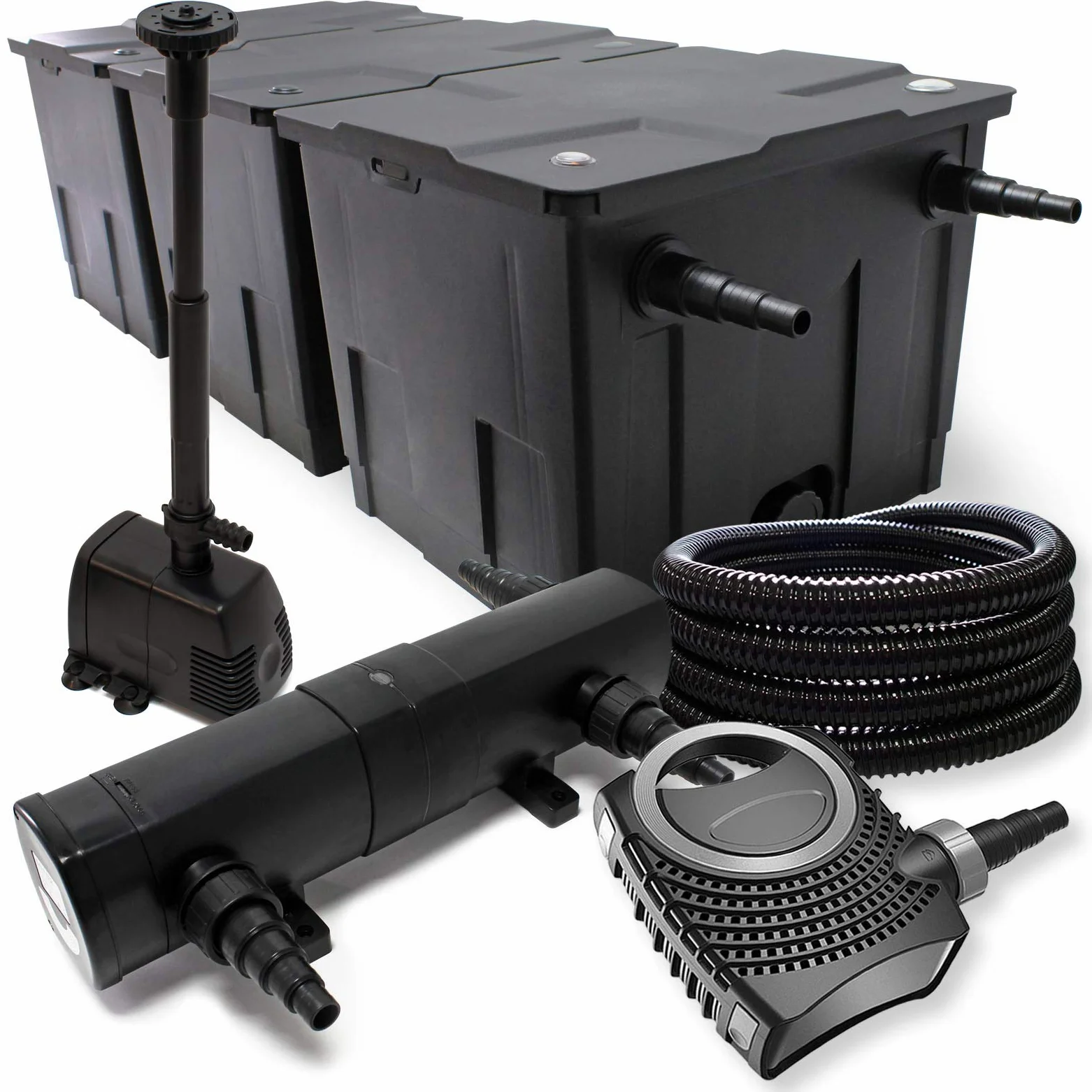 Wiltec Kit complet: CBF-350C Filtre de bassin jusqu'à 90000 L, NEO10000 pompe de filtration 10000l/h 80W, CUV-224 lampe uv 24W, 25m Tuyau 25 mm, HJ-943 fontaine 800l/h 16W