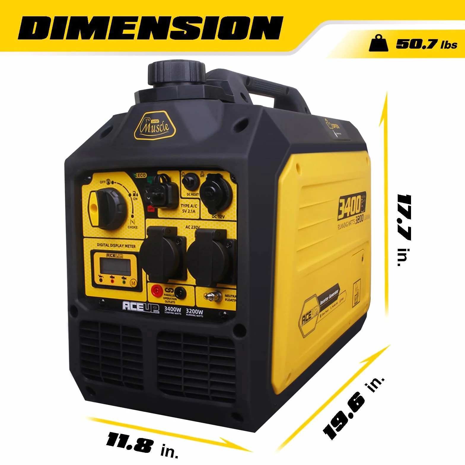 Aceup Energy 3400 W Générateur à onduleur, générateur à essence, générateur de secours avec prises de courant CA 230 V, 12 V et 5 V, moteur 4 temps, réservoir de 5 litres, pour le camping, la maison