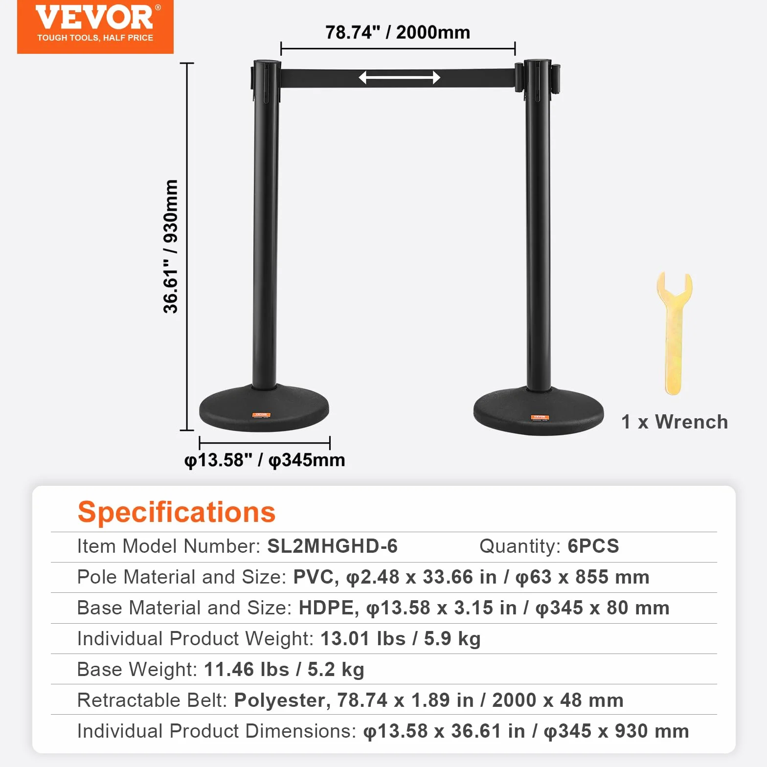 VEVOR Poteau de Guidage 6PCs 93 cm Barrière de Balisage avec Rubans Rétractables 200 cm Contrôle de Foules