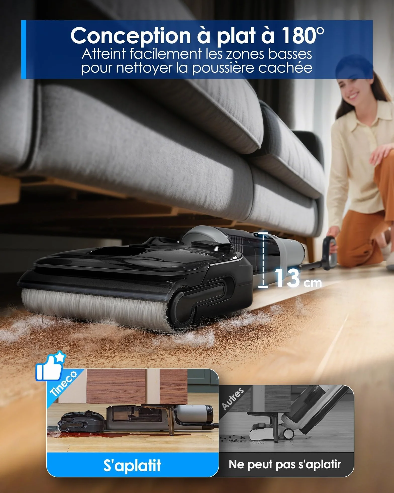 Tineco Floor One i5 Stretch Aspirateur Laveur Sec et Humide 20 kPa 180° 30 Min