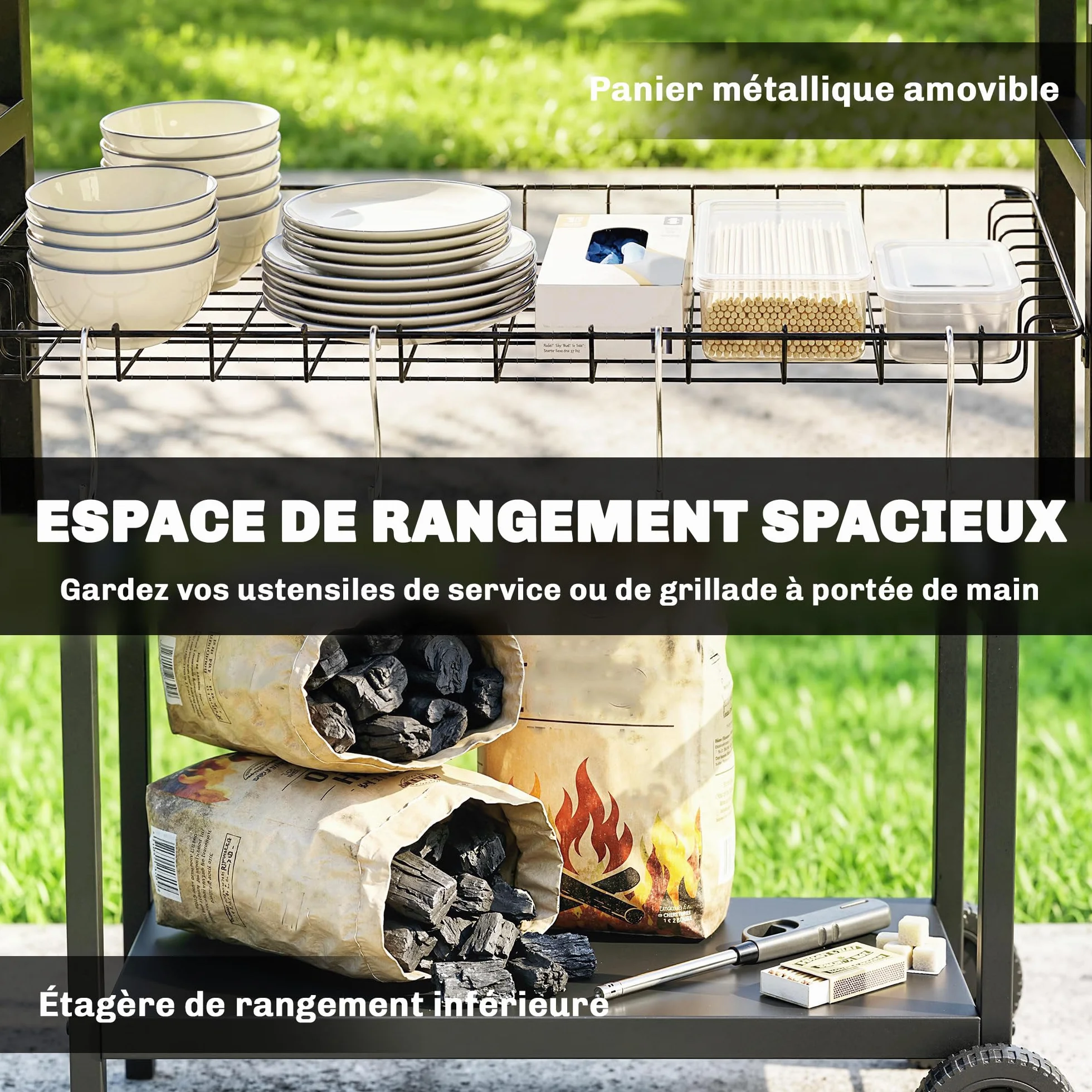 Outsunny Chariot Barbecue 3 Niveaux Inox avec Plan de Travail, Panier Amovible, Noir