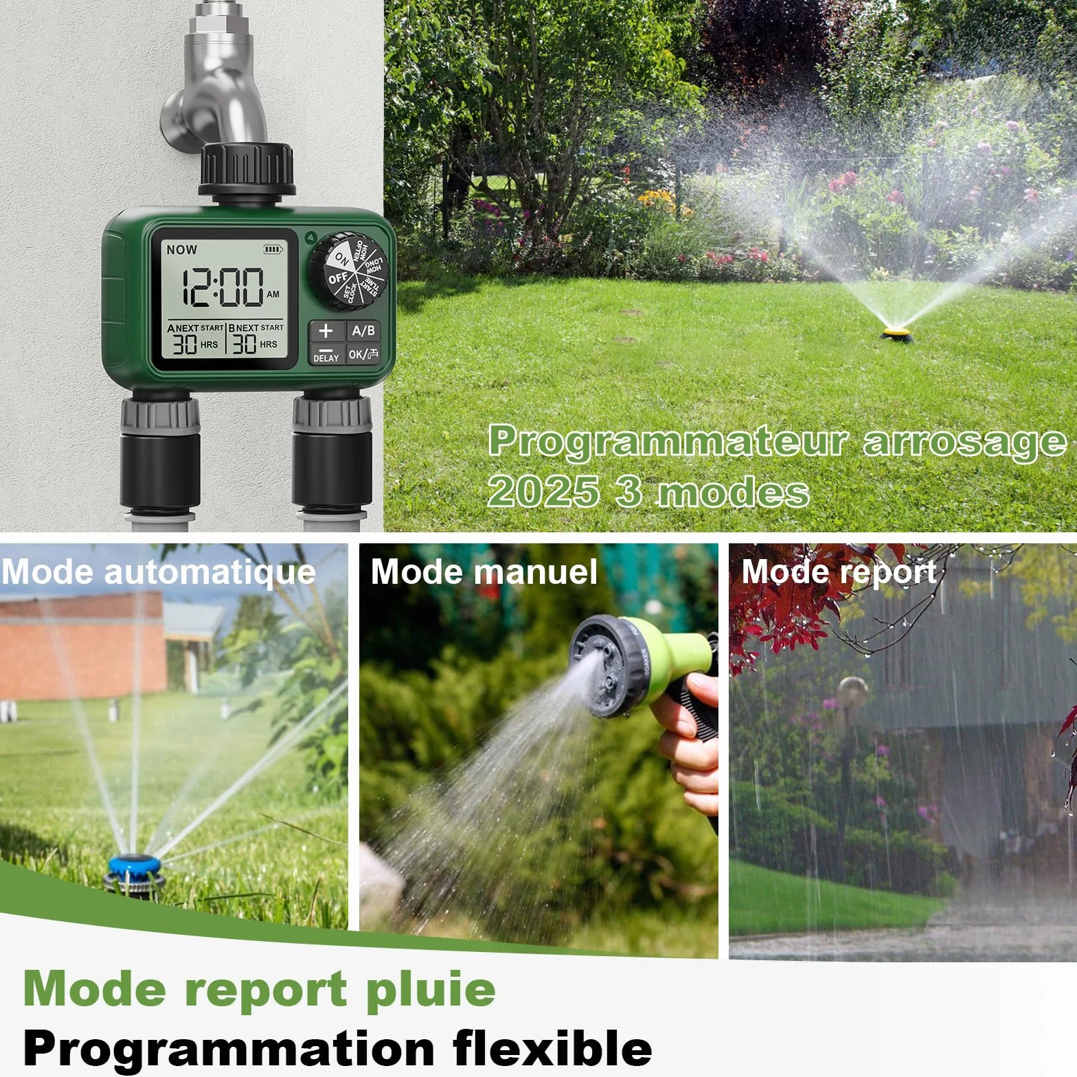 Programmateur Arrosage 2 Voies Grand écran LCD Arrosage Automatique Jardin