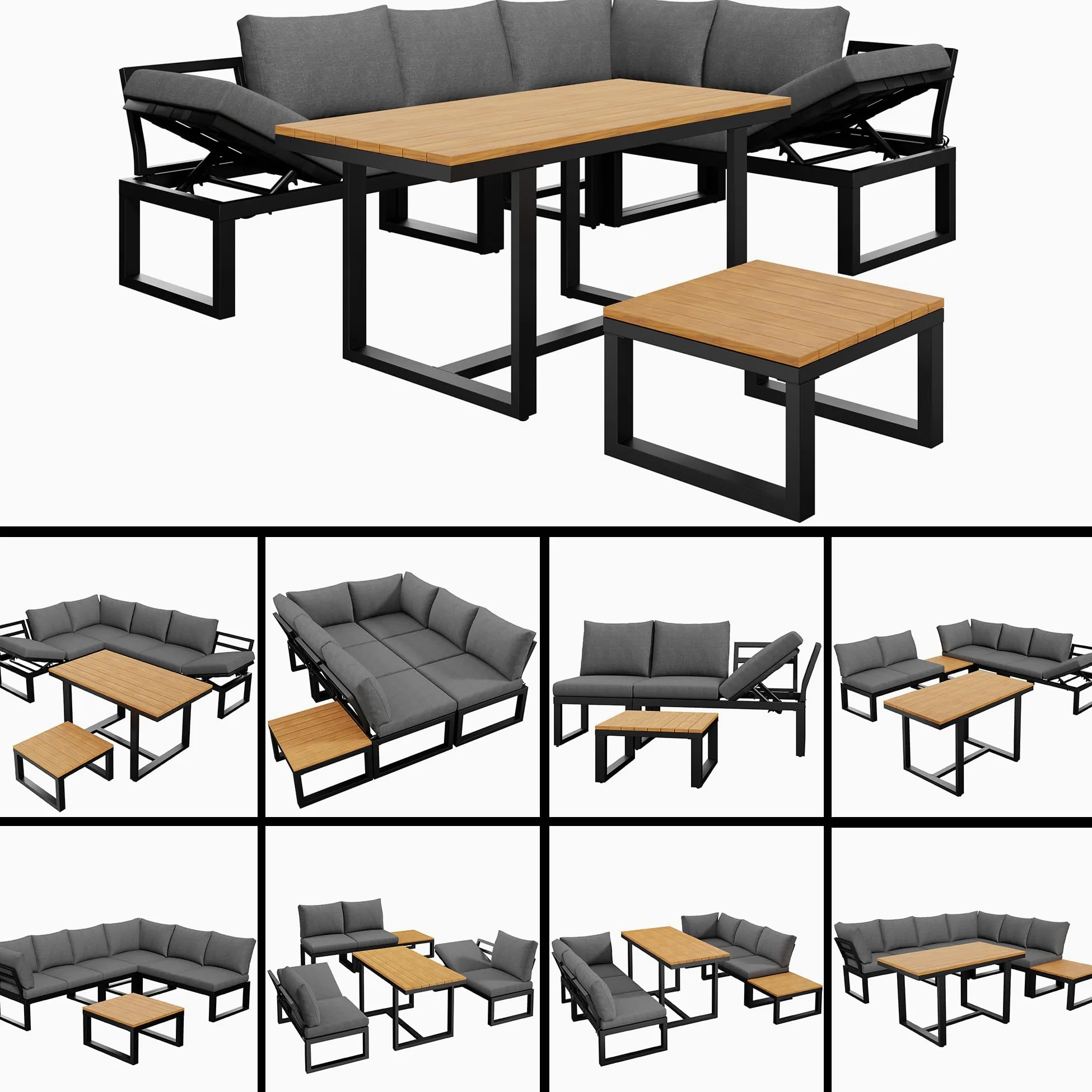 Sapgaks Ensemble de Salon de Jardin extérieur pour 6 Personnes avec Dossier réglable,canapé d'angle avec Table et Table Basse,Structure en Acier résistant aux intempéries (Gris-11)