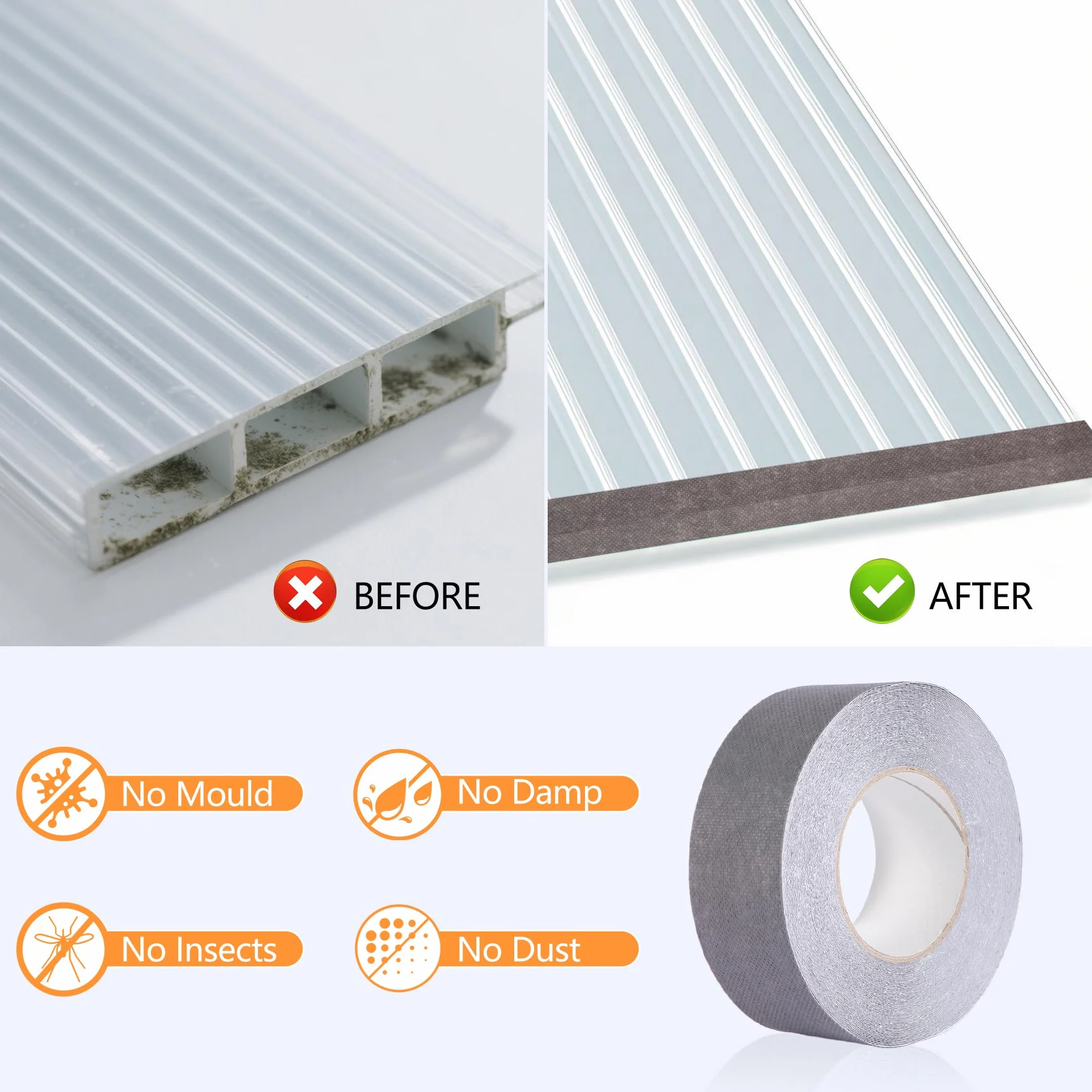 Ruban Anti-Poussière Plaque Polycarbonate Gris 5cm x 25m, Joint Bande pour Serre Jardin