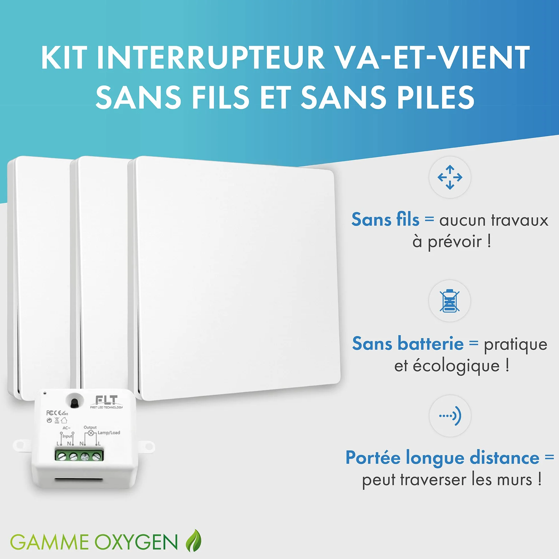 Interrupteur sans fil auto-alimenté RF 2 télécommandes double allumage + relais radio encastrable IP64