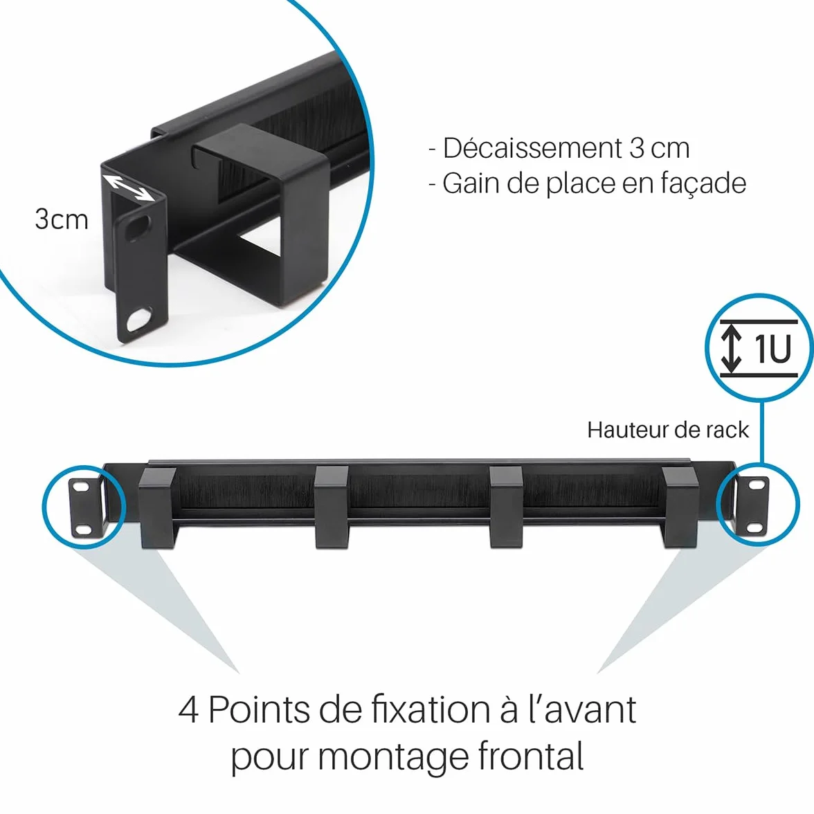 WAYTEX Balai Passe Câble 19 Pouces 1U 4 Anneaux Métal Noir pour Baie Armoire