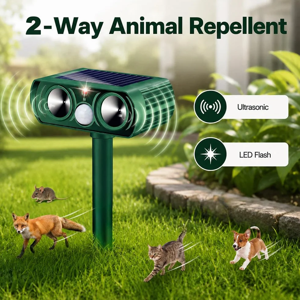 Repulsif Chat Exterieur Solaire à Ultrason, Repulsif Chat Ultrason pour Jardin, Appareil Étanche Contre Taupes, Oiseaux, Souris et Rats avec LED Clignotante (Standard)