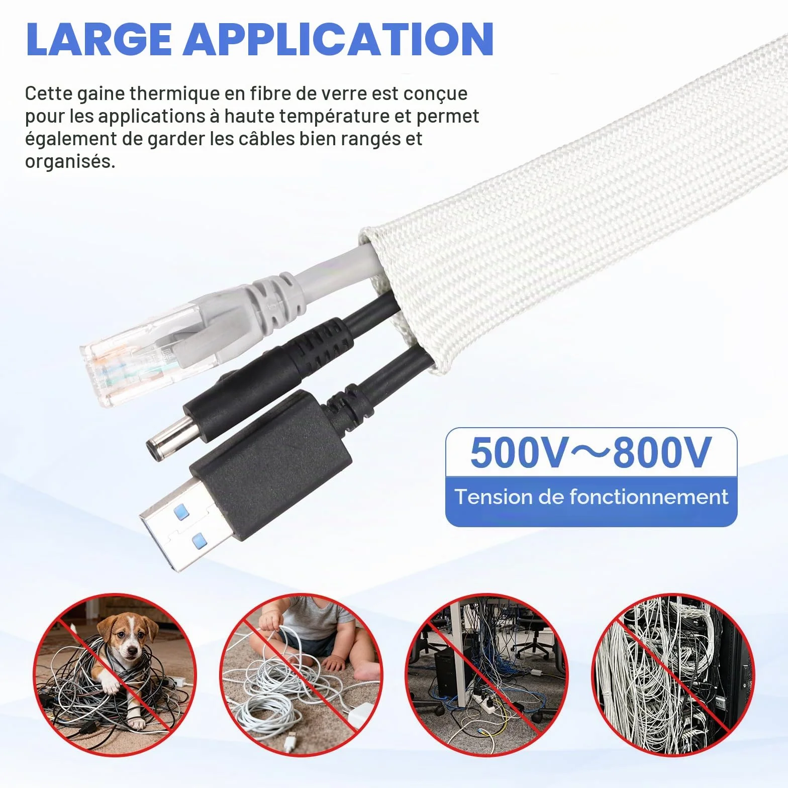 sourcing map Gaine Isolation Tresse 16.4 Pied 3 mm Haute Température Fibre Verre Manchon Blanc