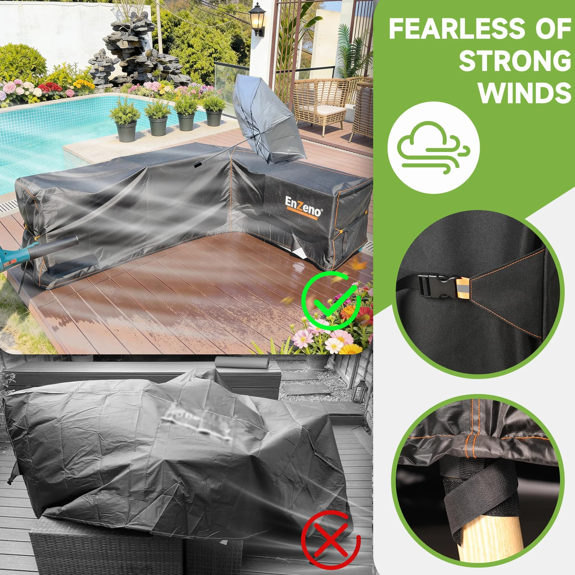 Enzeno Housse de canapé d'angle imperméable en tissu Oxford 420D 255 x 255 x 87 cm