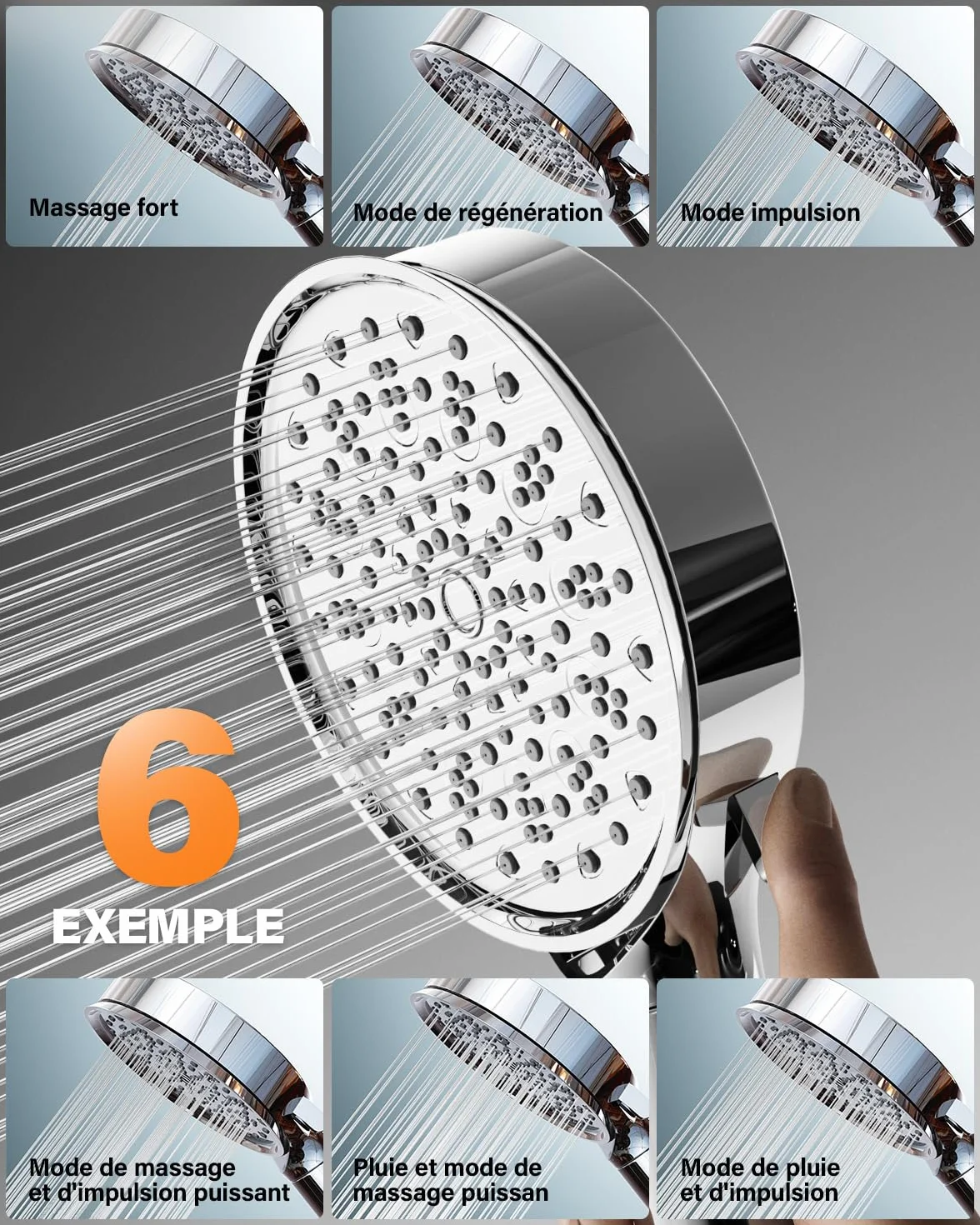 Cobbe Filtre Pommeau de Douche Anti Calcaire 20 Étapes Tuyau 1,5M 6 Types de Jets Haute Pression Chromé