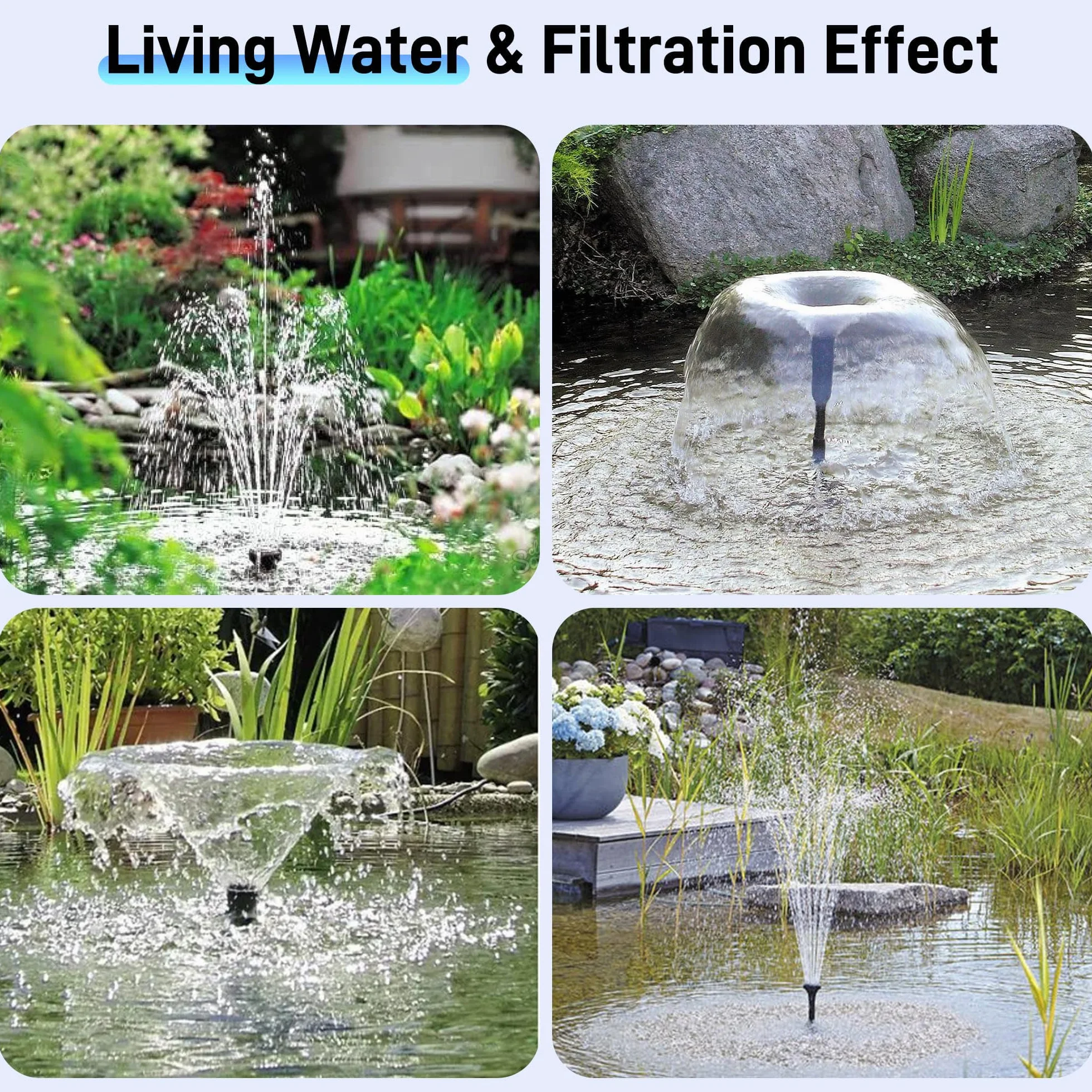 Biling 12W Filtre de Bassin Solaire avec 4 Buses, Pompe Solaire Bassin avec Système de Filtration Bio pour Étang jusqu'à 800L, Fontaine Solaire Extérieure pour Jardin et Balcon, Décoration Écologique