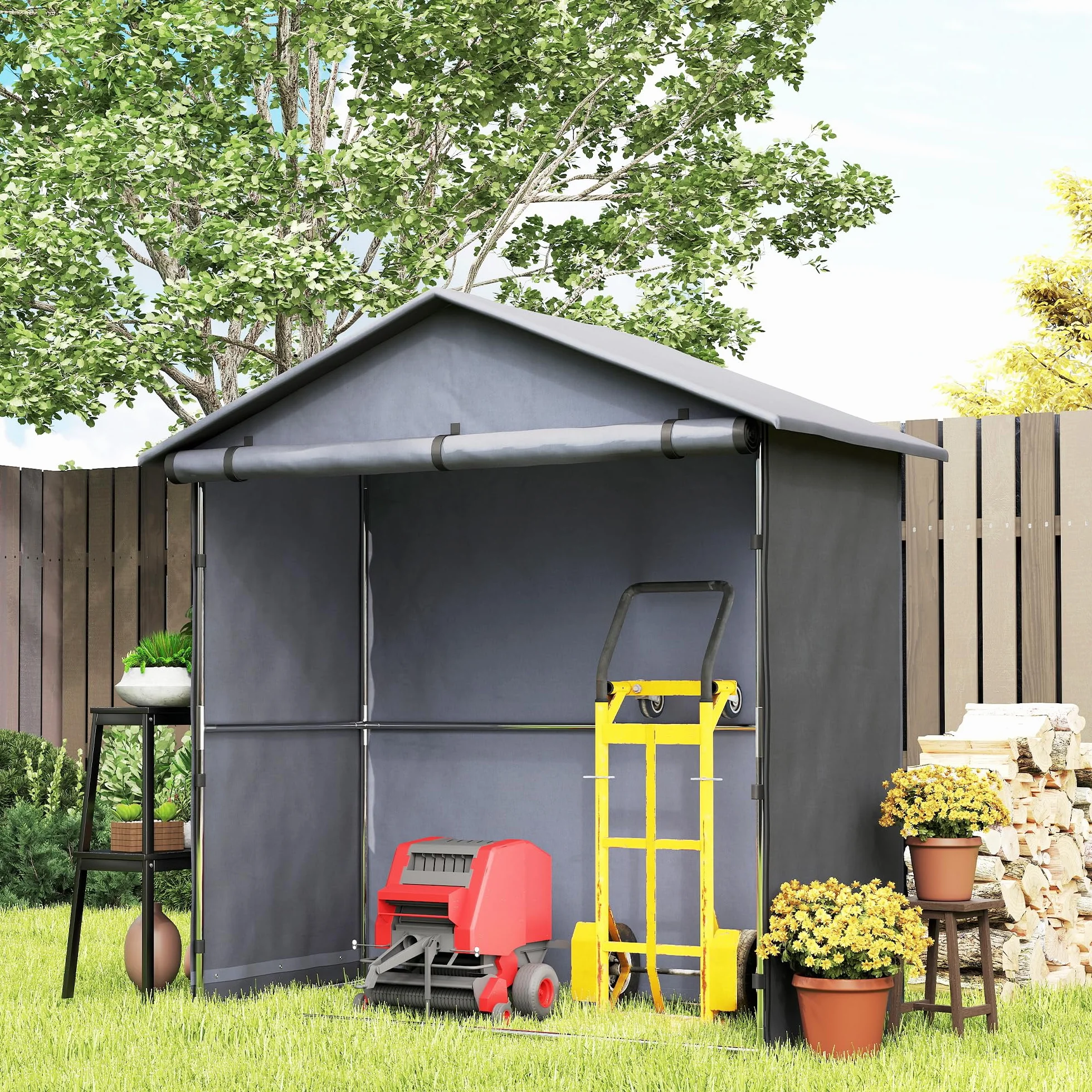 Outsunny Tente de Garage 1,1x2 m avec entrée Enroulable, Cordes et piquets, Acier galvanisé et Oxford 420D Tente de Garage extérieure, pour vélos et Outils de Jardin, UV30+, Gris foncé