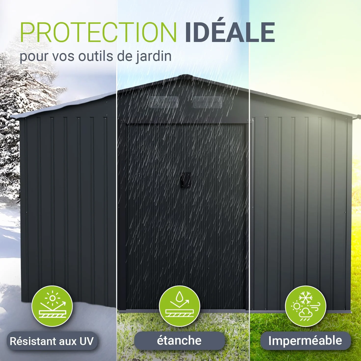 Juskys abri métallique XL gris foncé résistant aux intempéries avec cadre de fondation porte coulissante verrouillable
