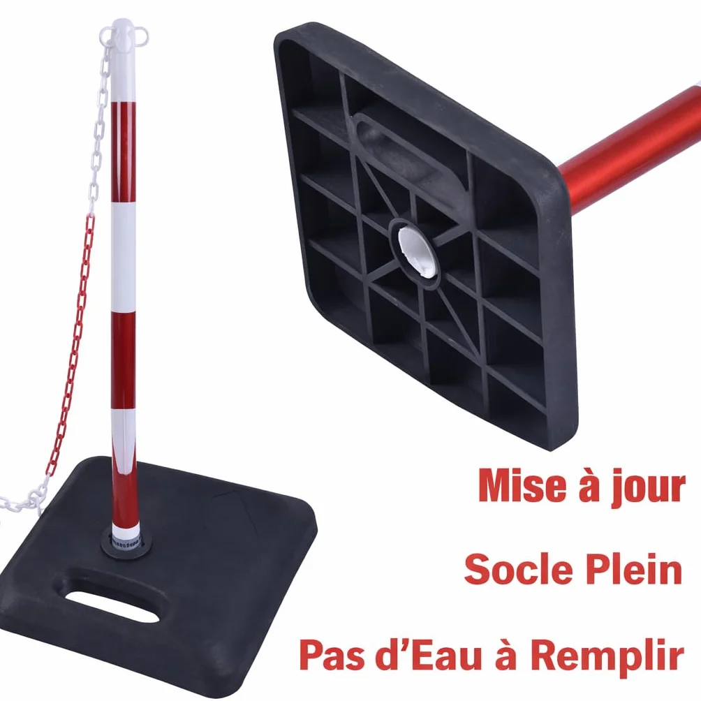 Poteau Délimiteur de Trafic 40''/100cm avec Chaîne 20FT/600cm et Base Remplissable Sable/Eau 4 Pièces