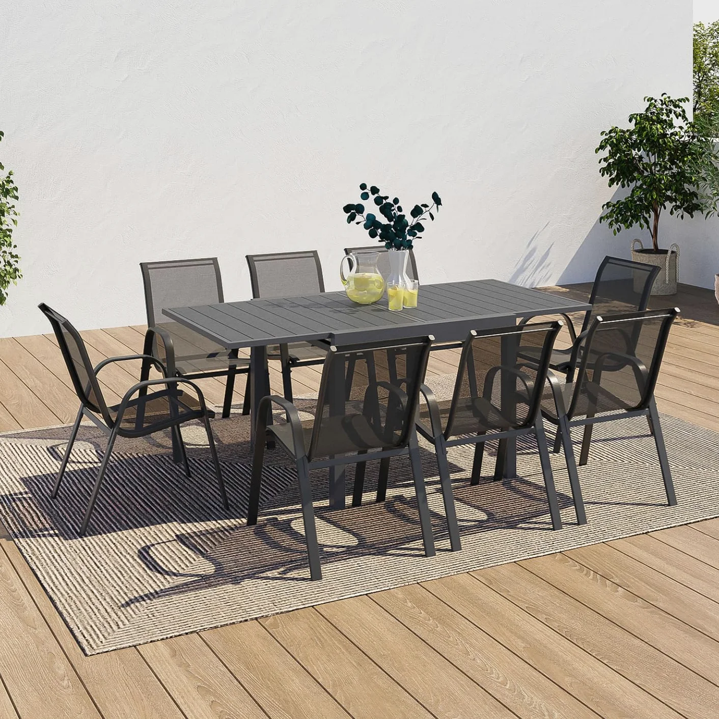 IDMarket - Salon de Jardin Poly Table Extensible 90-180 CM et 8 chaises Gris foncé
