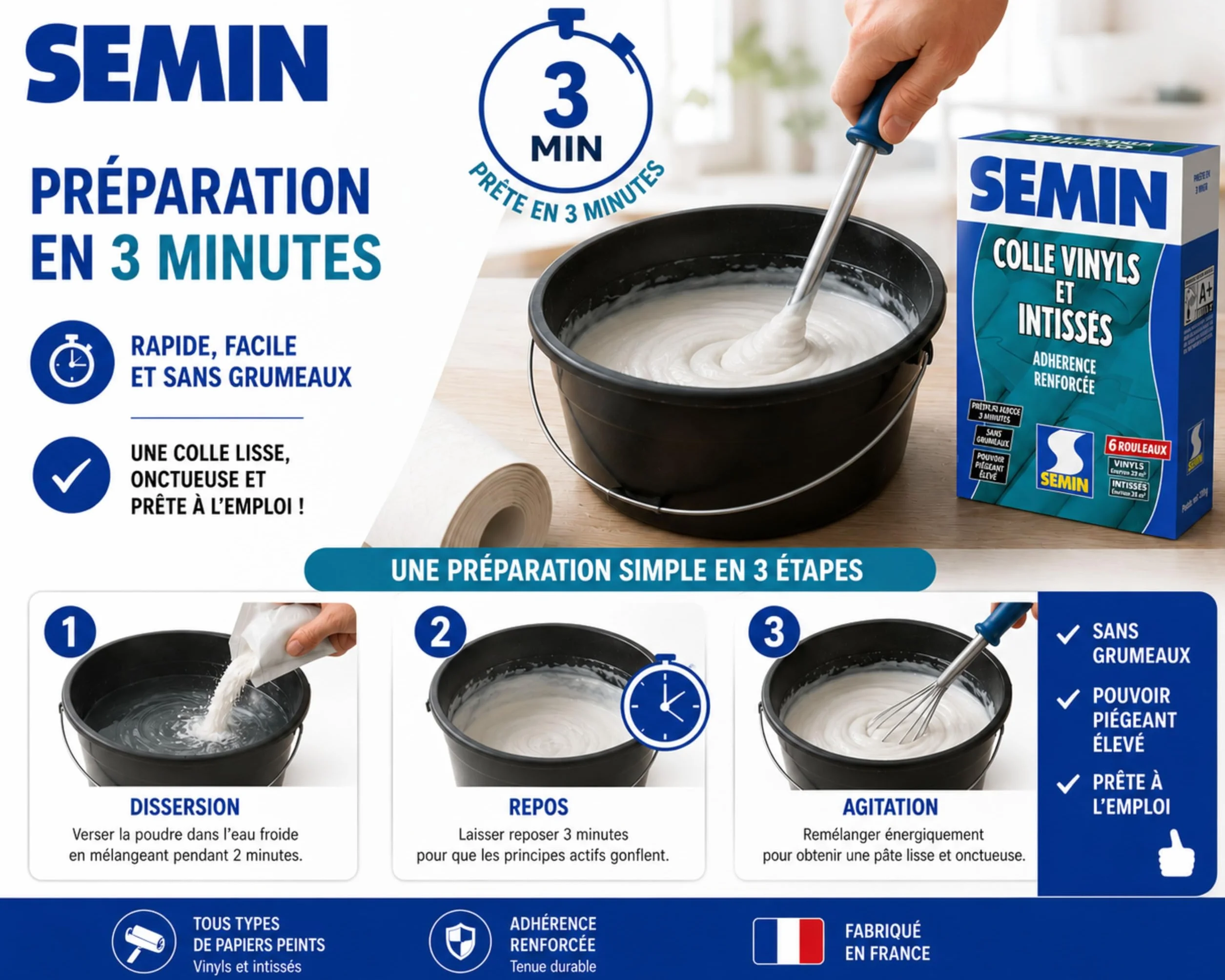SEMIN Colle Papier Peint en Poudre 300g – Pour Papiers Peints Vinyls & Intissés – Sans Grumeaux – Prête en 3 Min – Forte Adhérence – Fabriquée en France