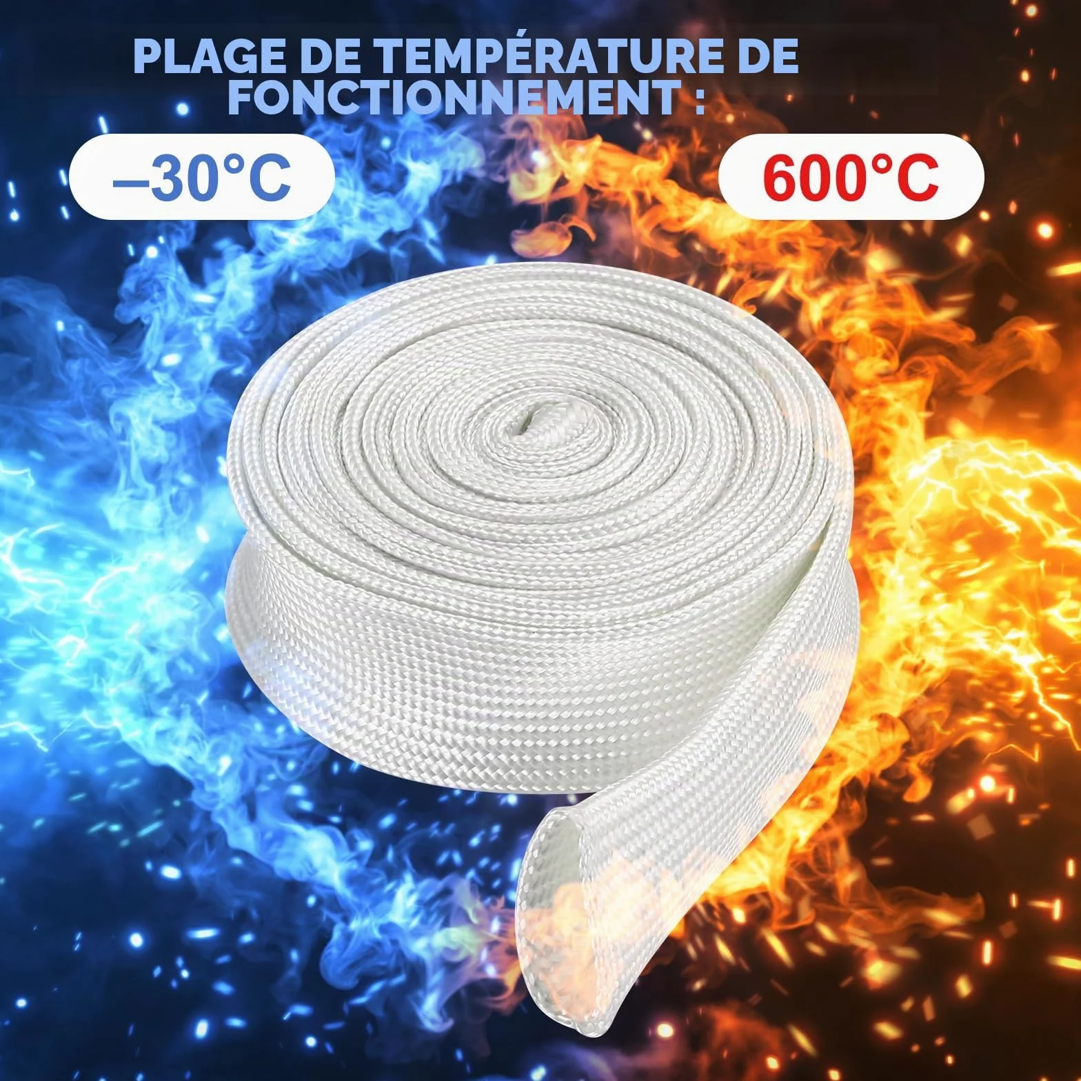 sourcing map Gaine Isolation Tresse 16.4 Pied 3 mm Haute Température Fibre Verre Manchon Blanc