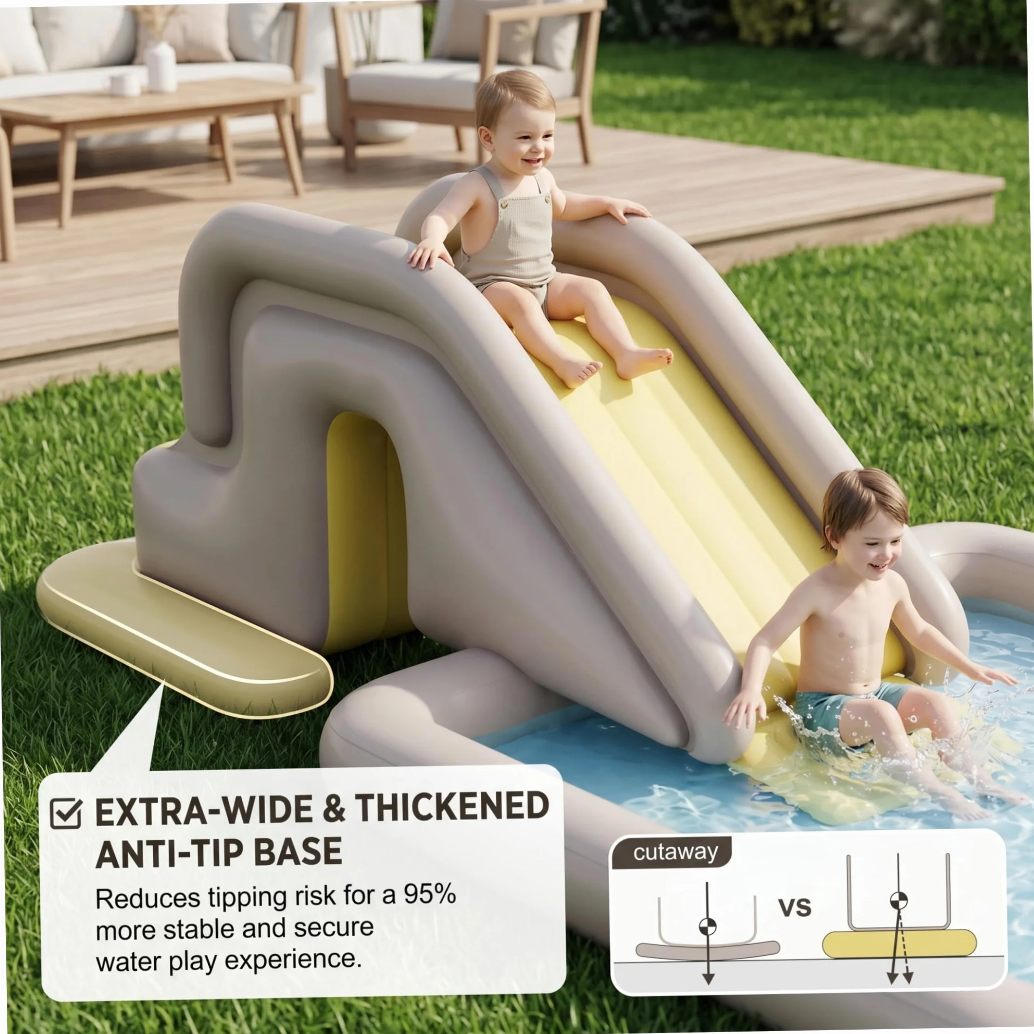 Toboggan de piscine gonflable, toboggan de piscine avec large base remplissable d'eau - Installation et rangement faciles PVC intérieur/extérieur pour enfants et adultes (kaki, avec pompe à pied), na