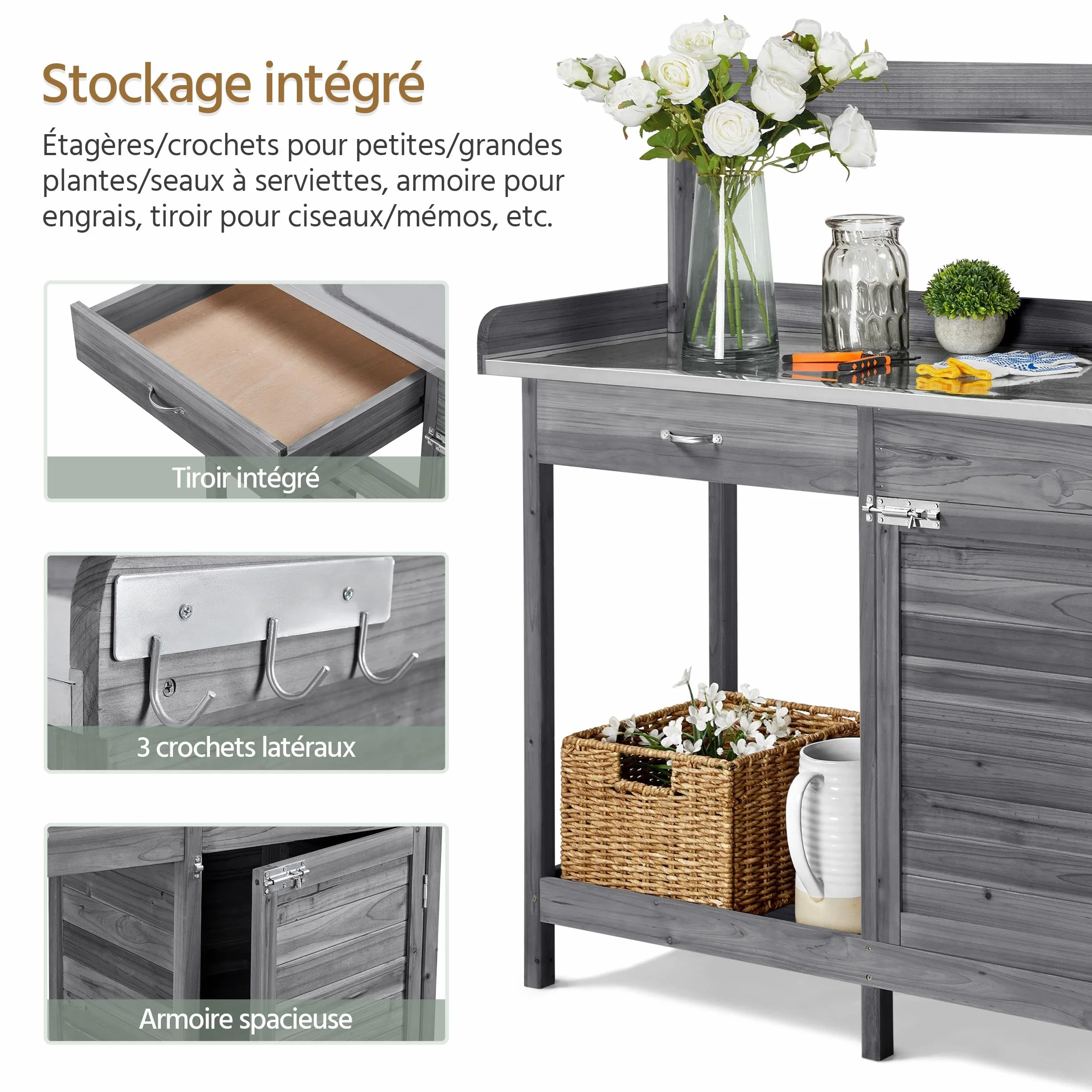 Yaheetech Table de Rempotage Jardinage avec Tiroirs Crochet Armoires Rangement Métallique Galvanisé Gris