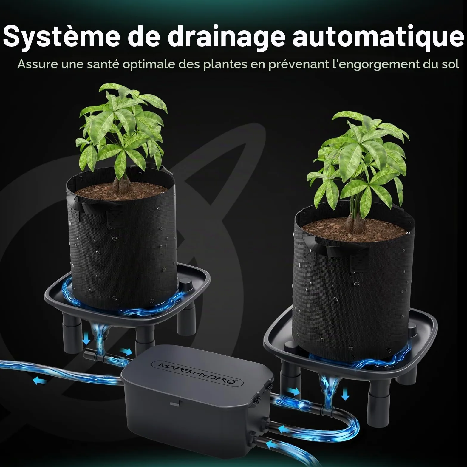 MARS HYDRO Système de drainage automatique - 4 bols + 1 pompe + 4 sacs de plantation (18,9 l) - Pour plantes en pot