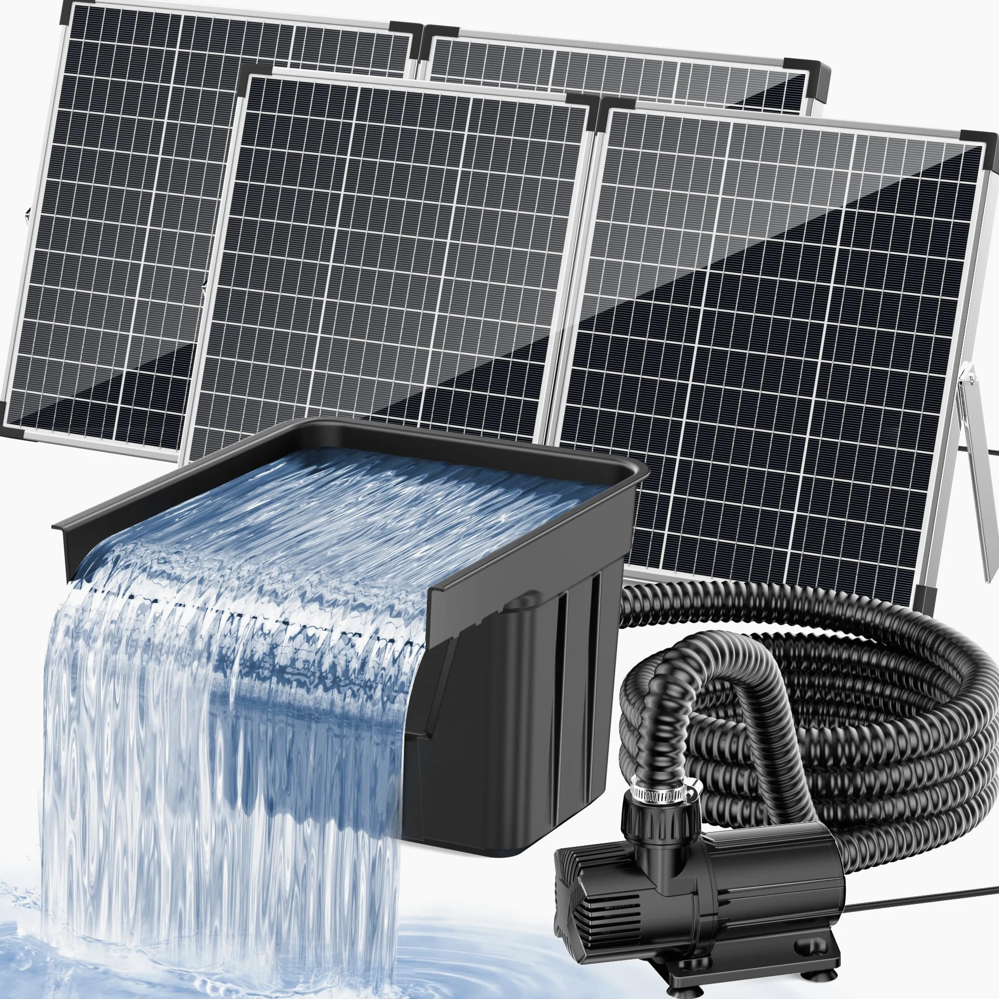 POPOSOAP Cascade d’étang solaire avec panneau solaire 120W & pompe 6000 L/h, tuyau ondulé 3m, média filtrants, cascade pour étang de jardin extérieur, ruisseaux