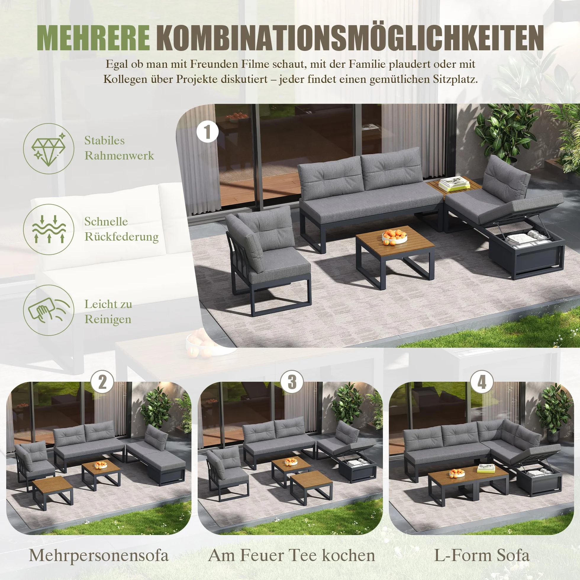 Salon de jardin d'extérieur multifonction, canapé d'angle modulable 5 places résistant aux intempéries, doté de dossiers réglables avec fonction d'inclinaison, d'un espace de rangement et de coussins